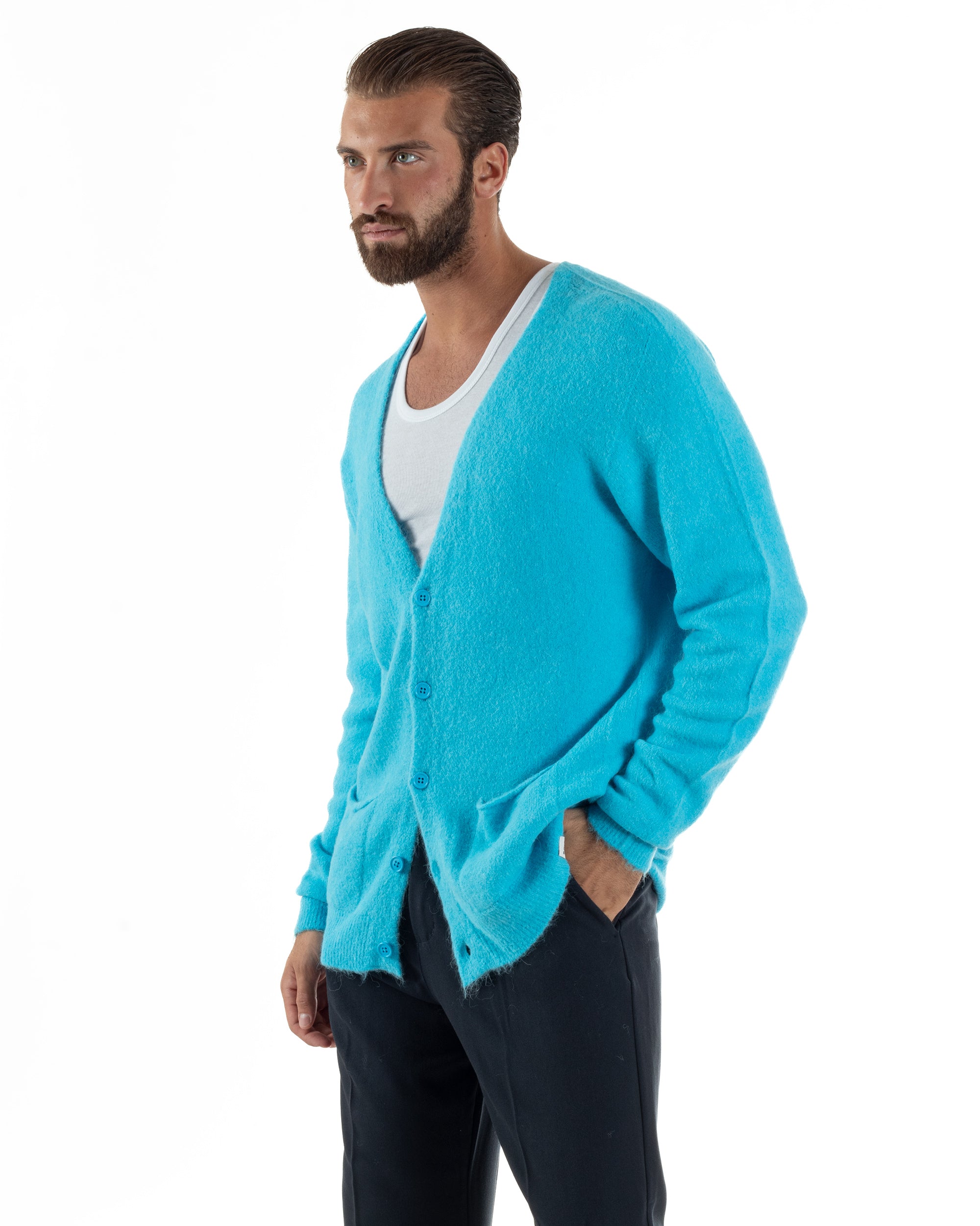 Cardigan Uomo Maglione Lana Relaxed Fit Basic Turchese BERNA M252038