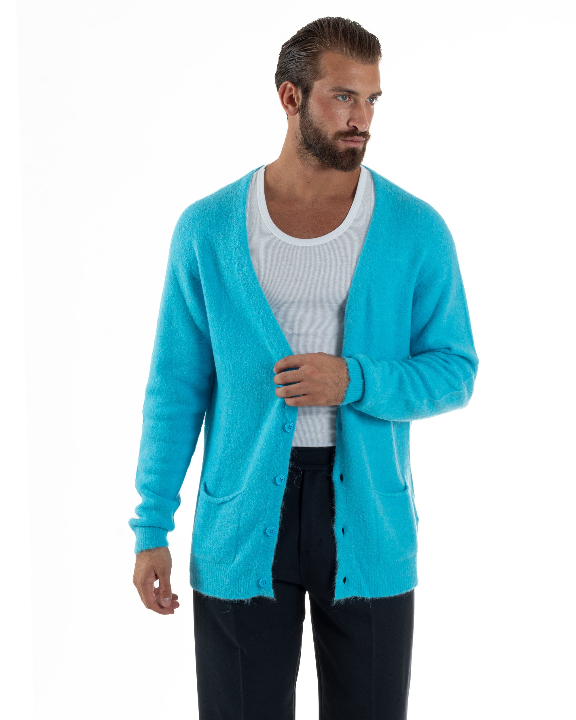 Cardigan Uomo Maglione Lana Relaxed Fit Basic Turchese BERNA M252038