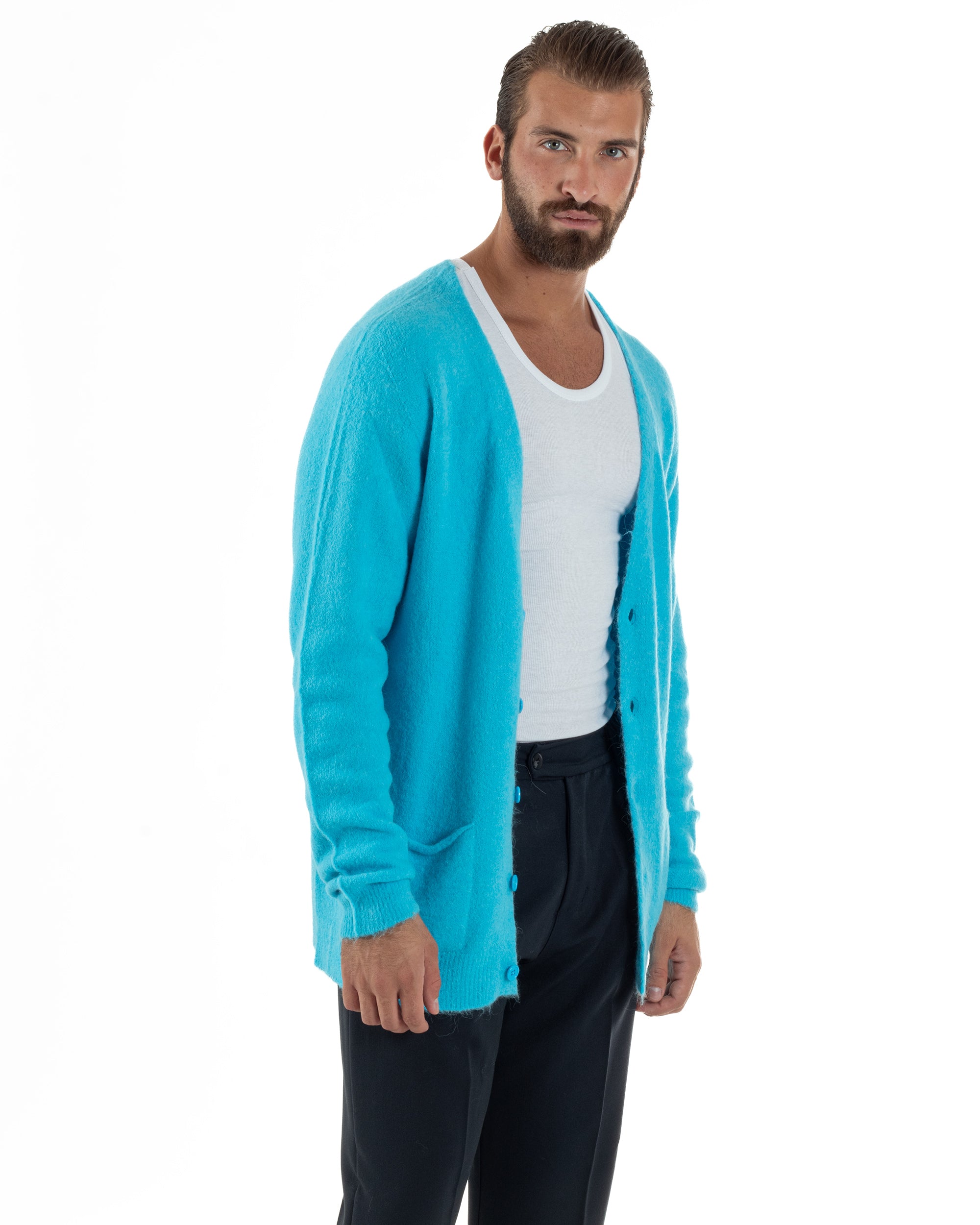 Cardigan Uomo Maglione Lana Relaxed Fit Basic Turchese BERNA M252038