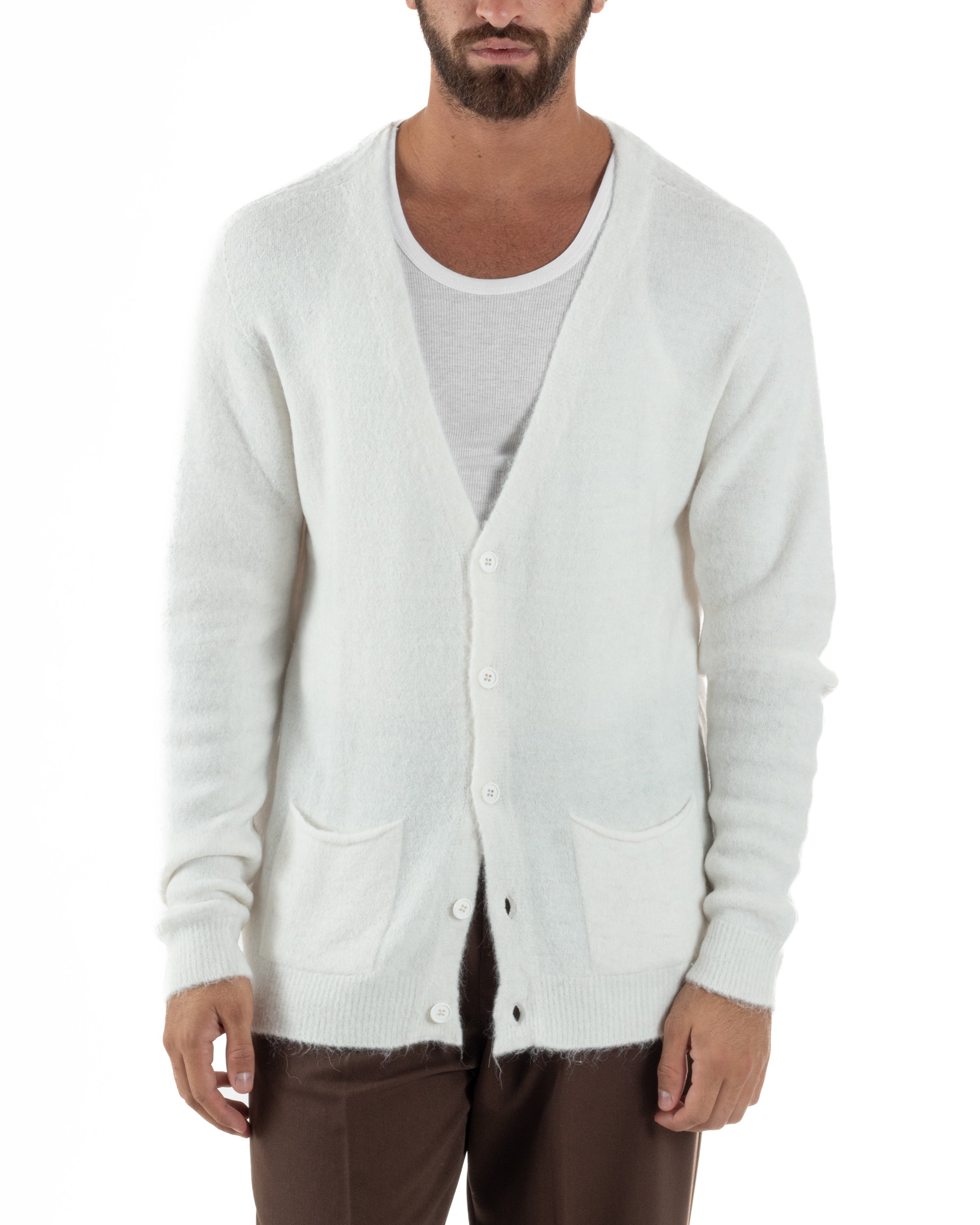 Cardigan Uomo Maglione Lana Relaxed Fit Basic Bianco BERNA M252038