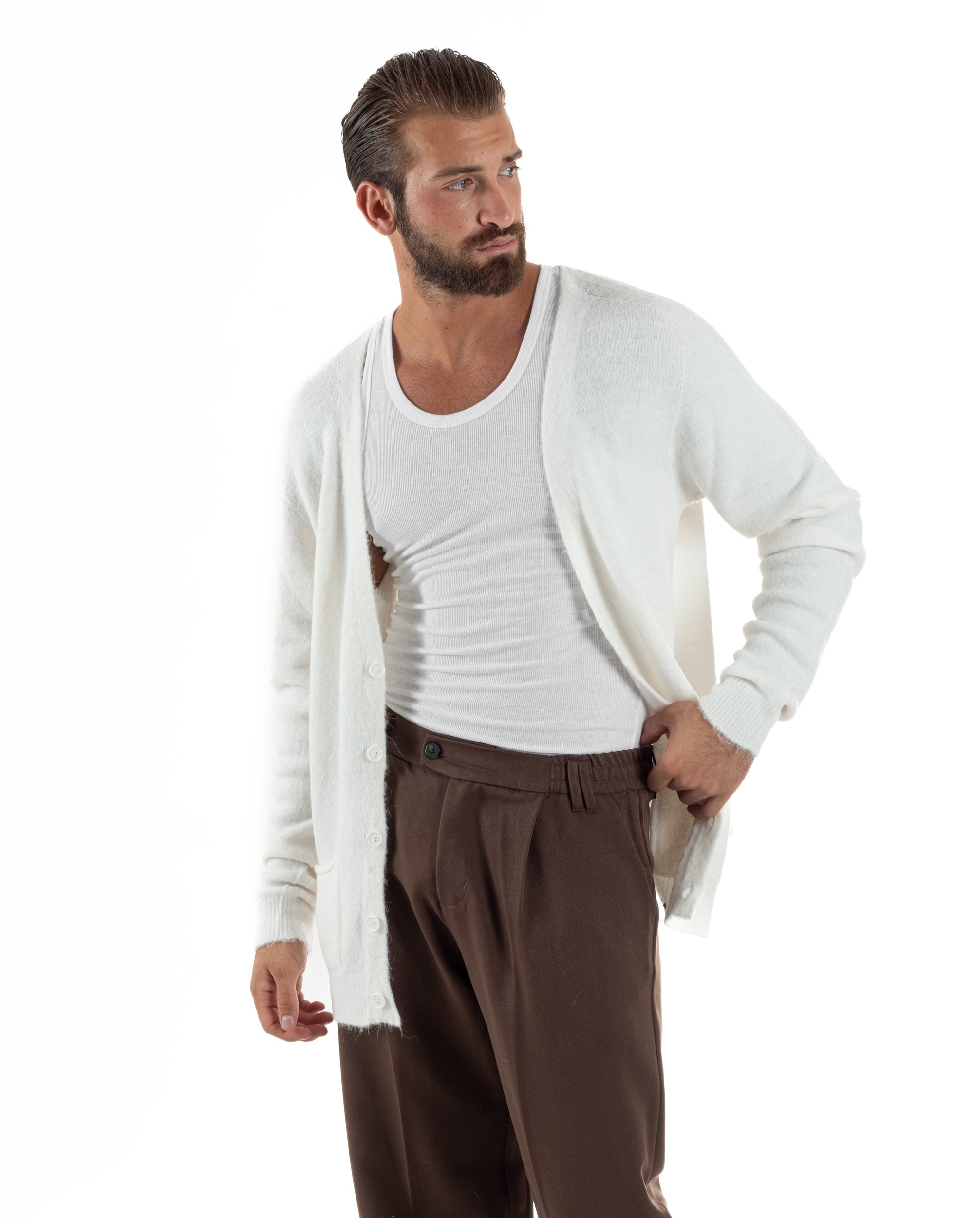 Cardigan Uomo Maglione Lana Relaxed Fit Basic Bianco BERNA M252038