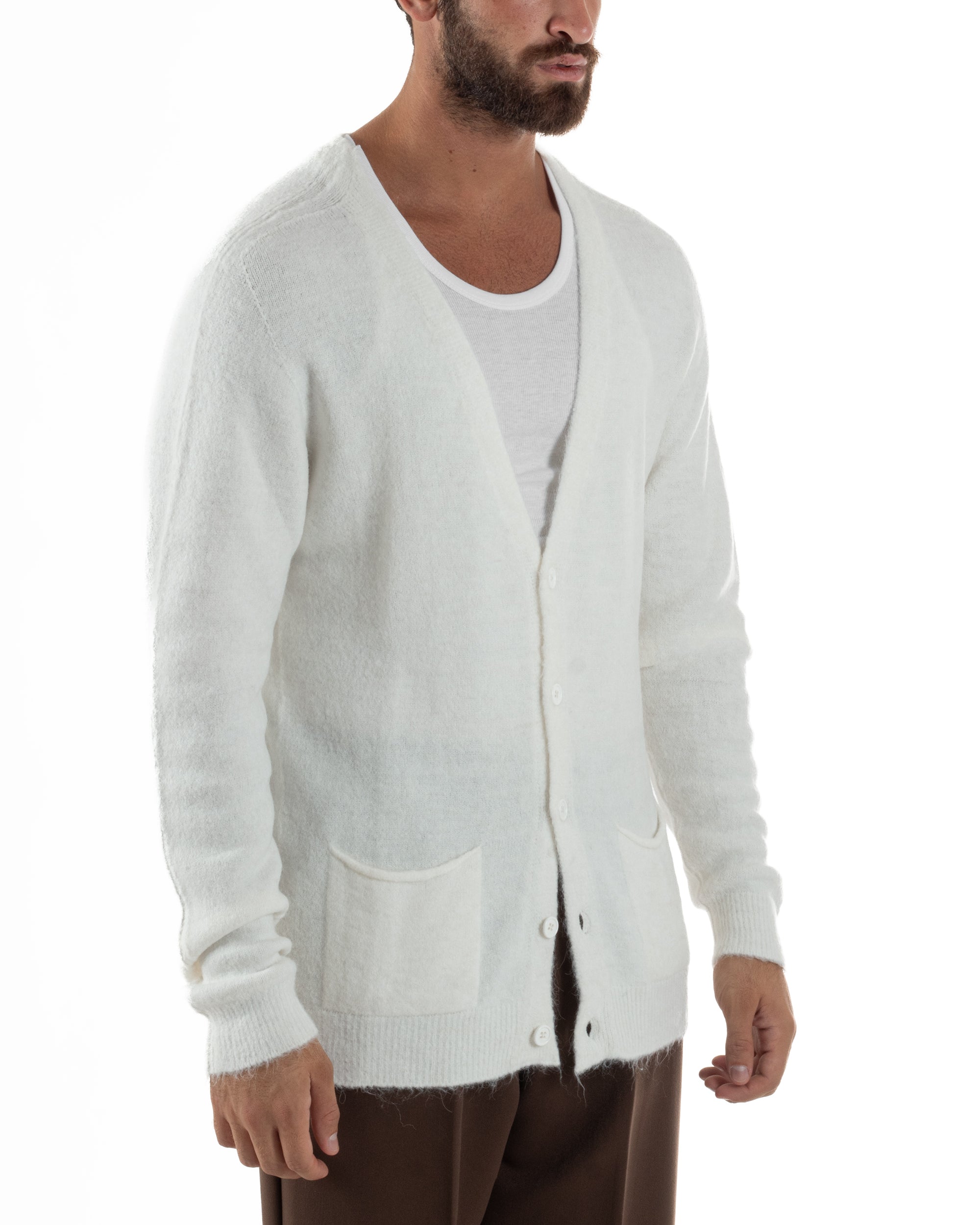 Cardigan Uomo Maglione Lana Relaxed Fit Basic Bianco BERNA M252038