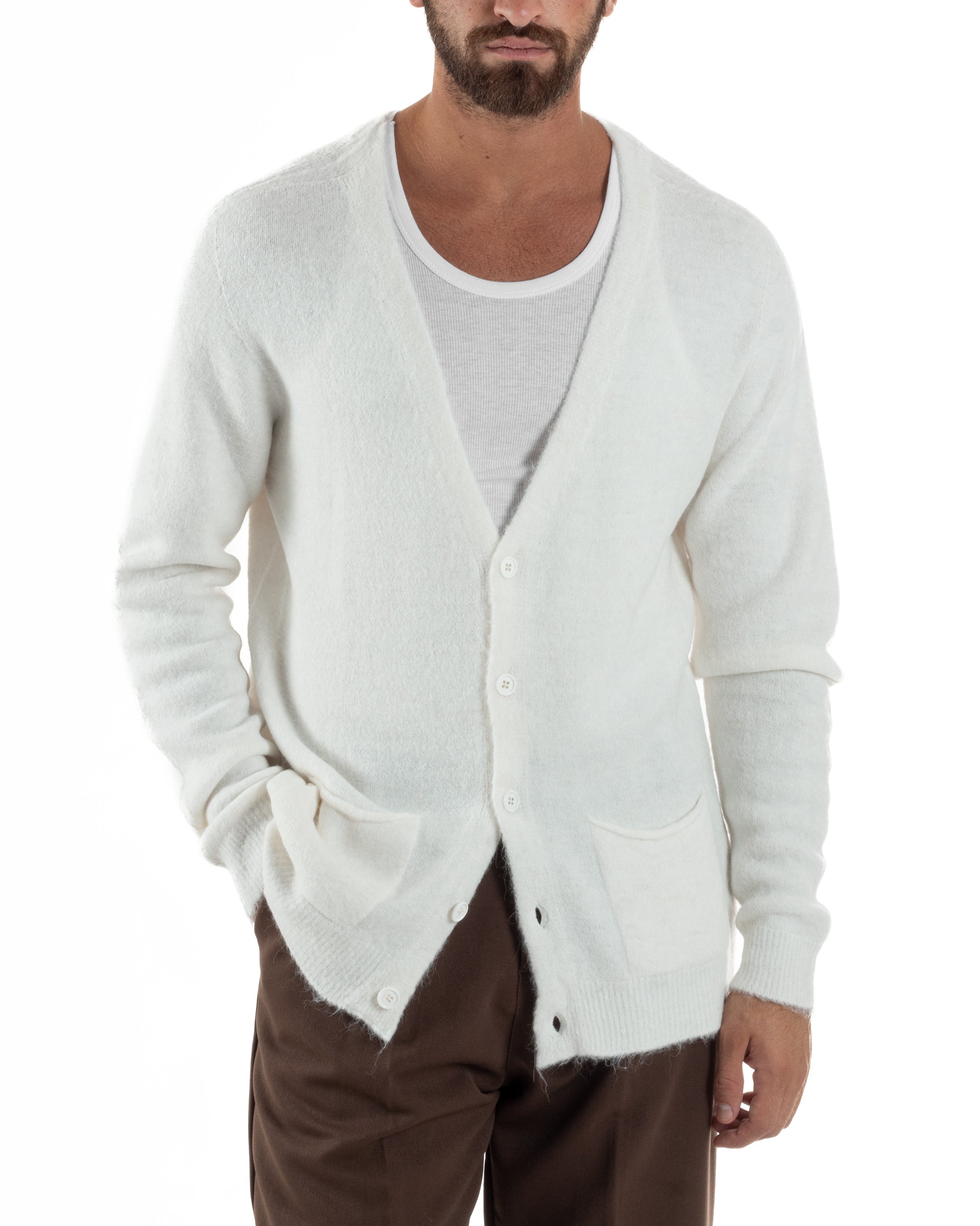Cardigan Uomo Maglione Lana Relaxed Fit Basic Bianco BERNA M252038