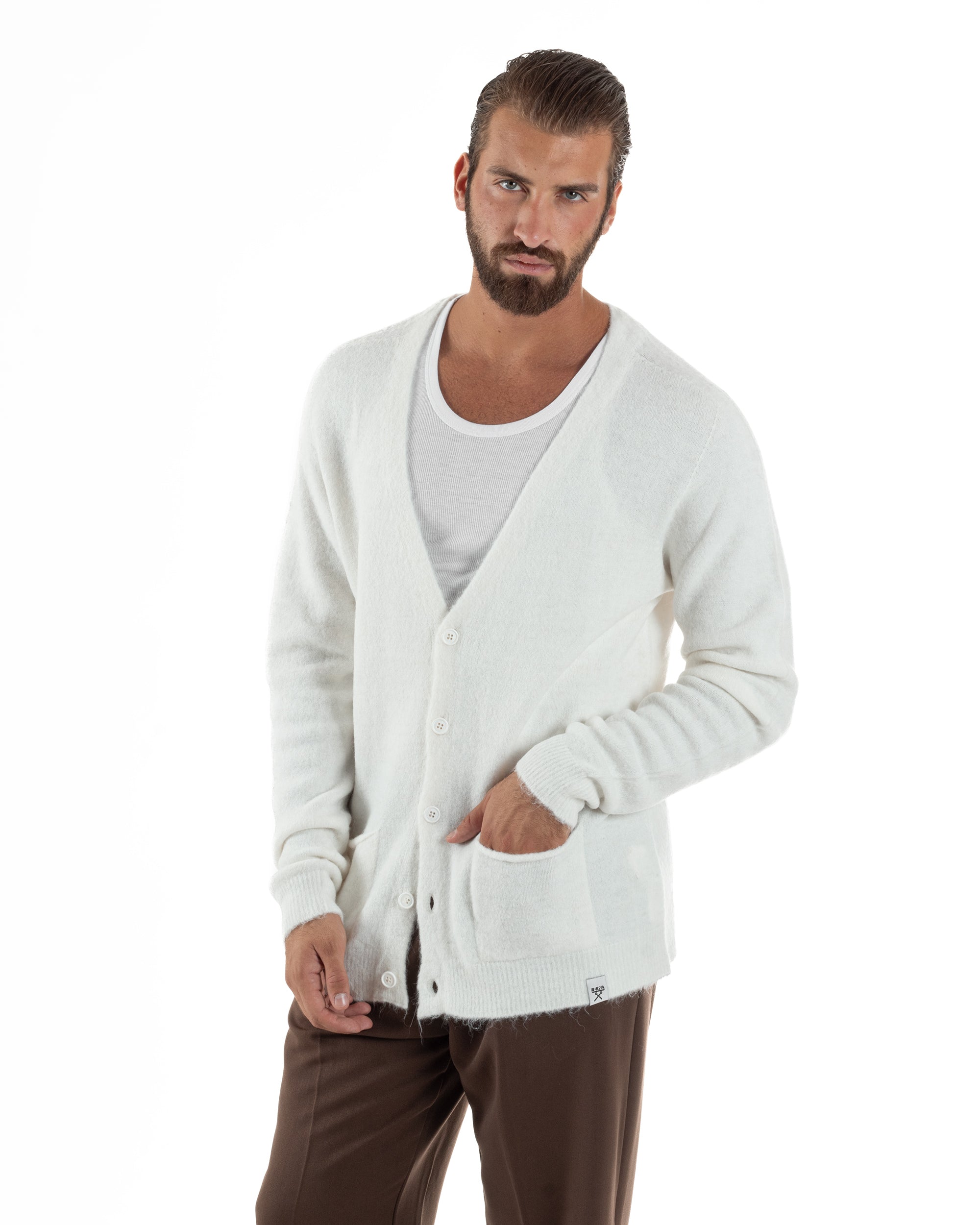 Cardigan Uomo Maglione Lana Relaxed Fit Basic Bianco BERNA M252038