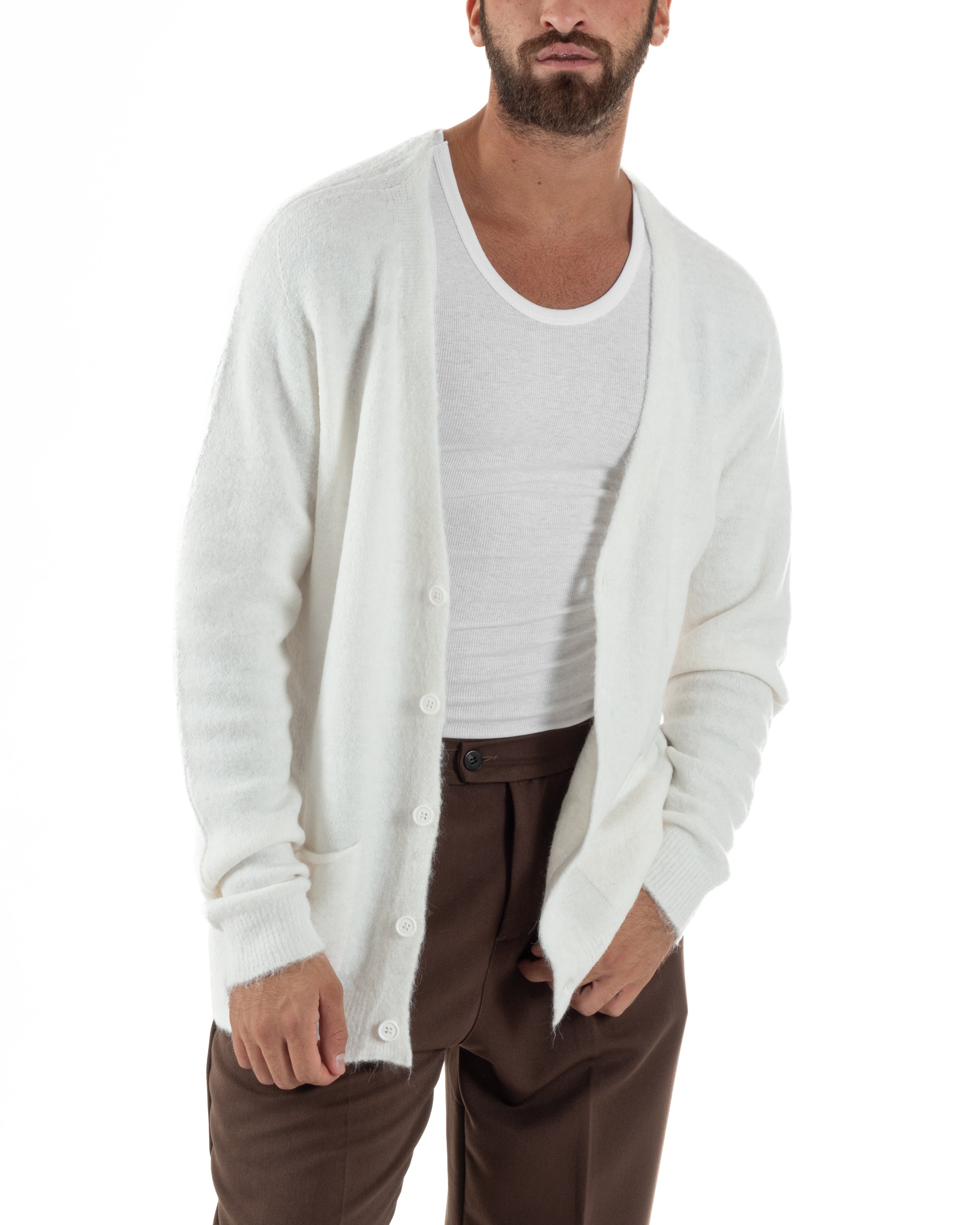 Cardigan Uomo Maglione Lana Relaxed Fit Basic Bianco BERNA M252038