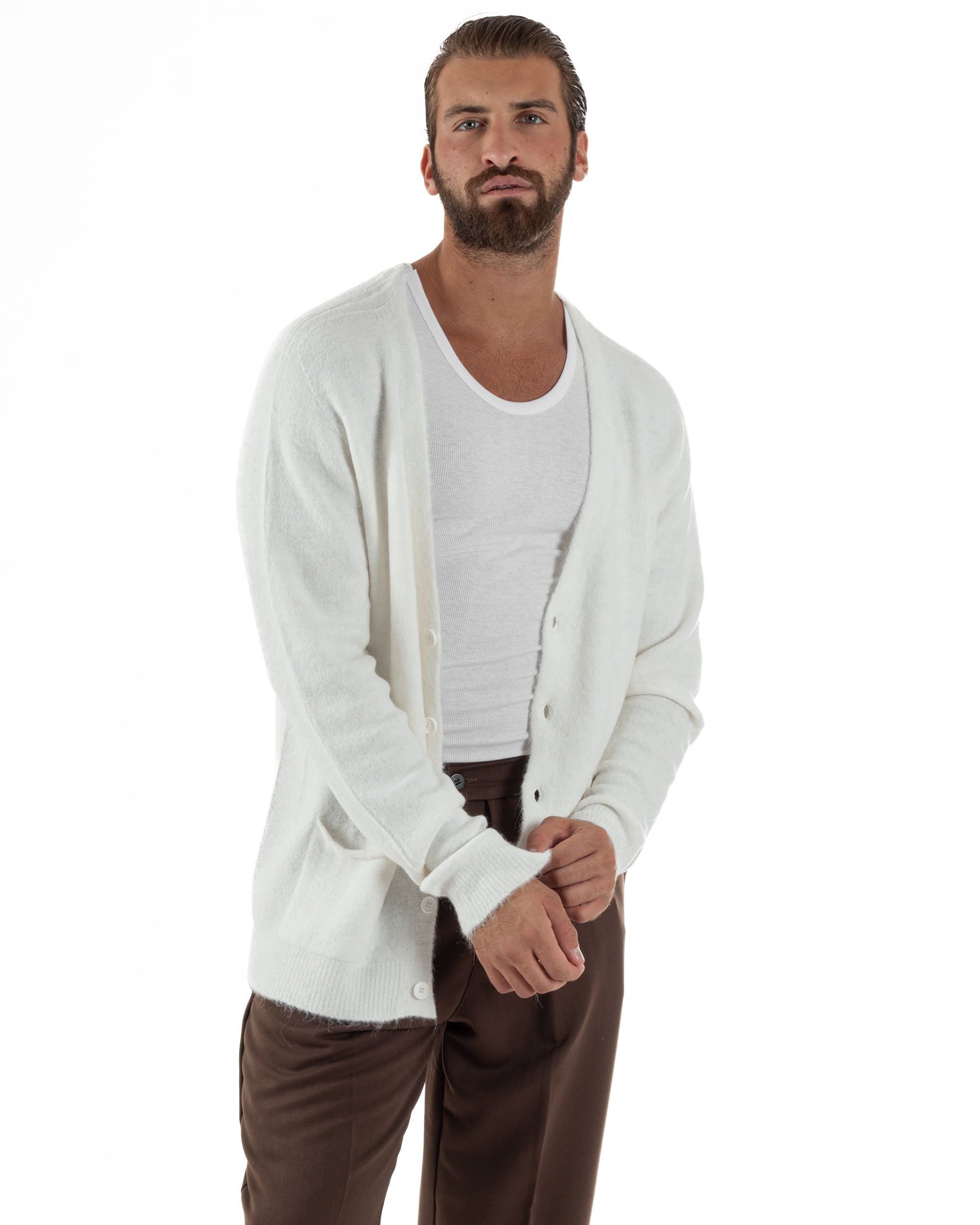 Cardigan Uomo Maglione Lana Relaxed Fit Basic Bianco BERNA M252038