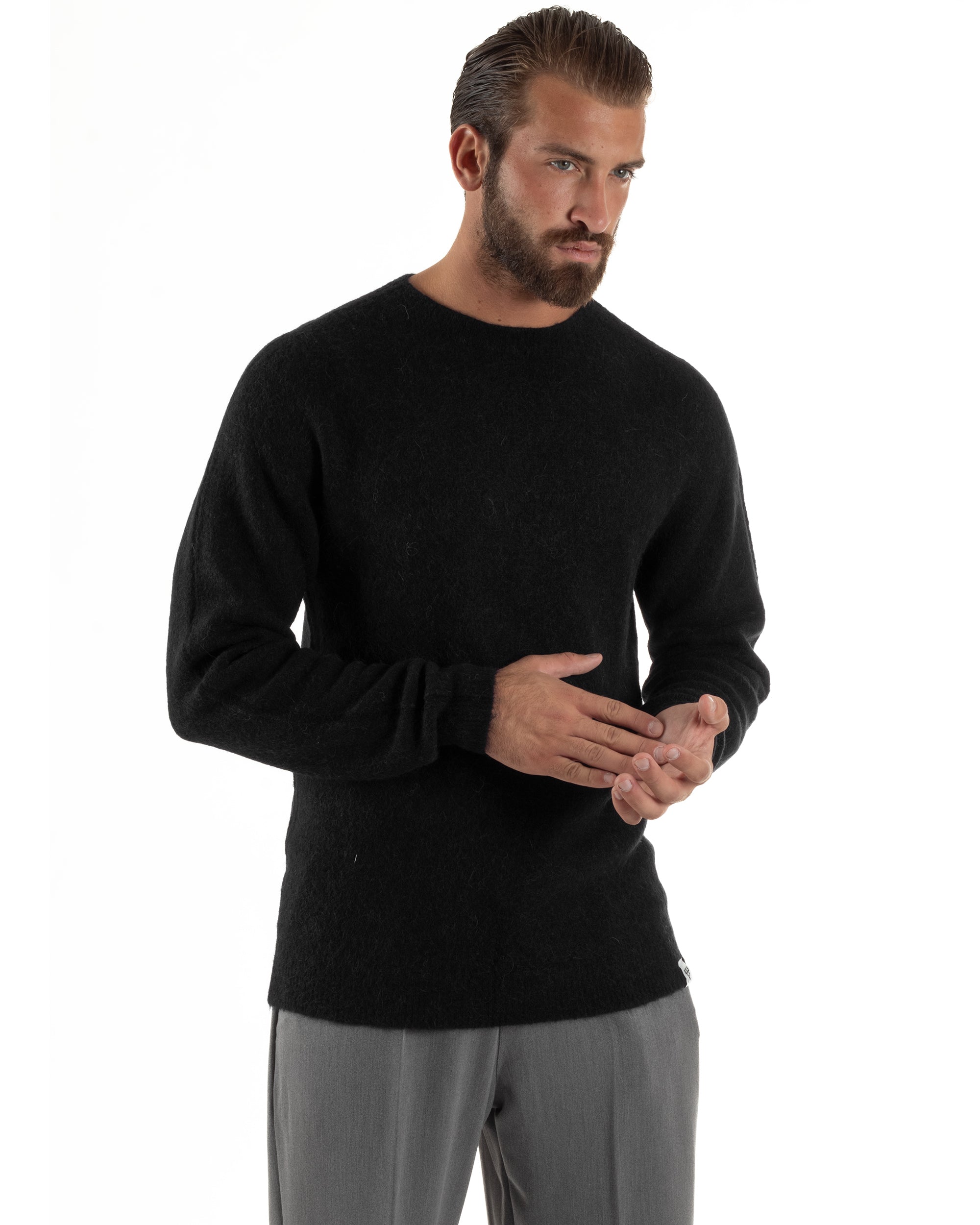 Maglione Uomo Lana Girocollo Regular Fit Basic Nero BERNA M252037