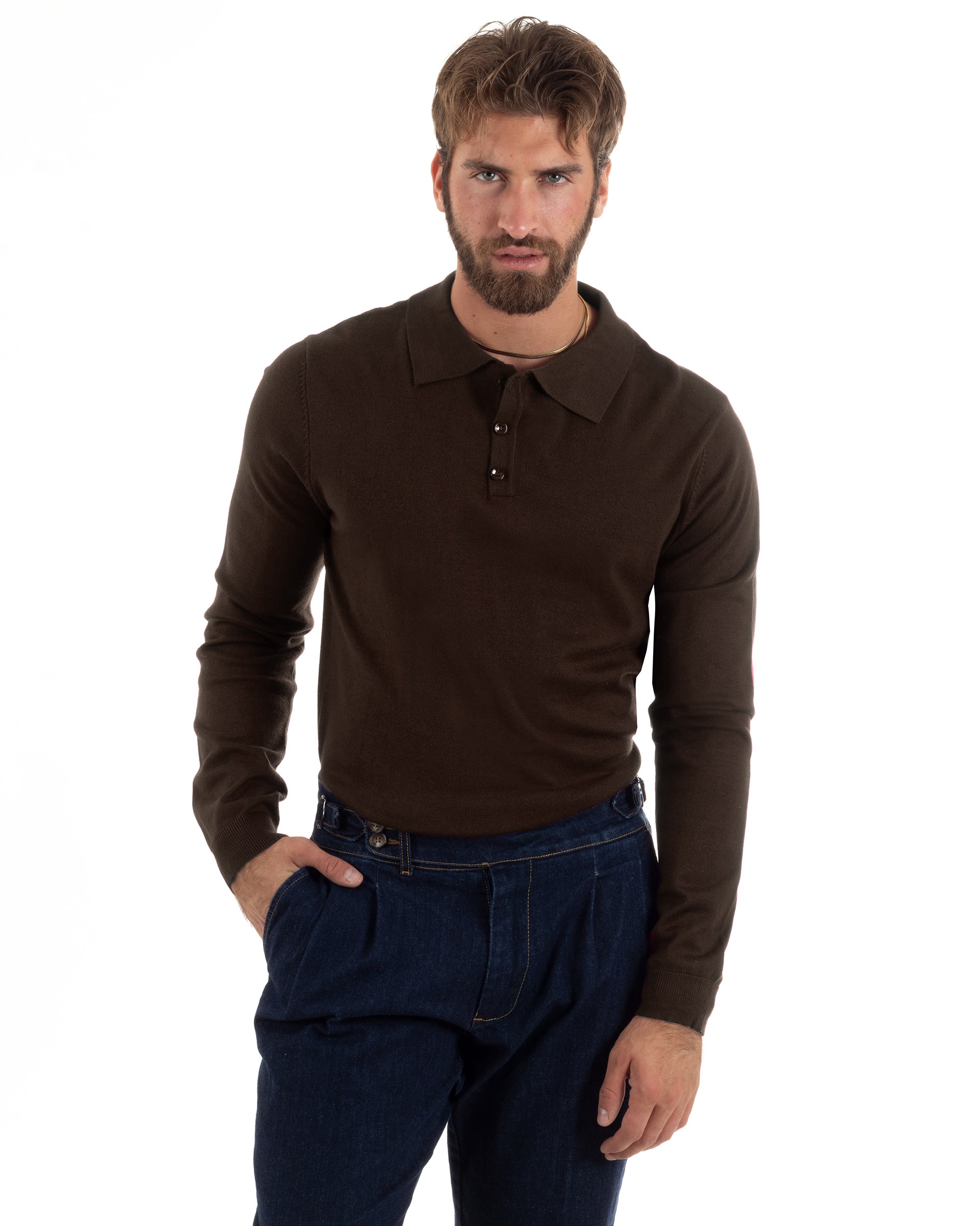 Maglioncino Uomo Casual Maglia Con Colletto Polo Tinta Unita Basic Marrone GIOSAL-M3002A