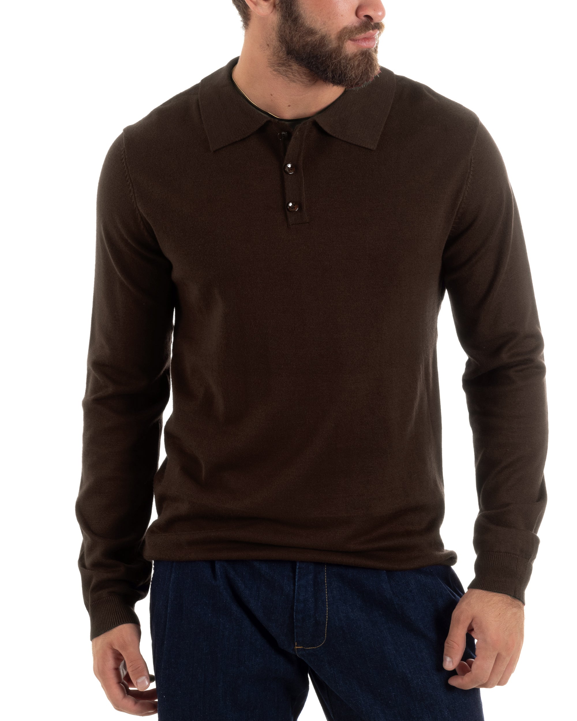 Maglioncino Uomo Casual Maglia Con Colletto Polo Tinta Unita Basic Marrone GIOSAL-M3002A