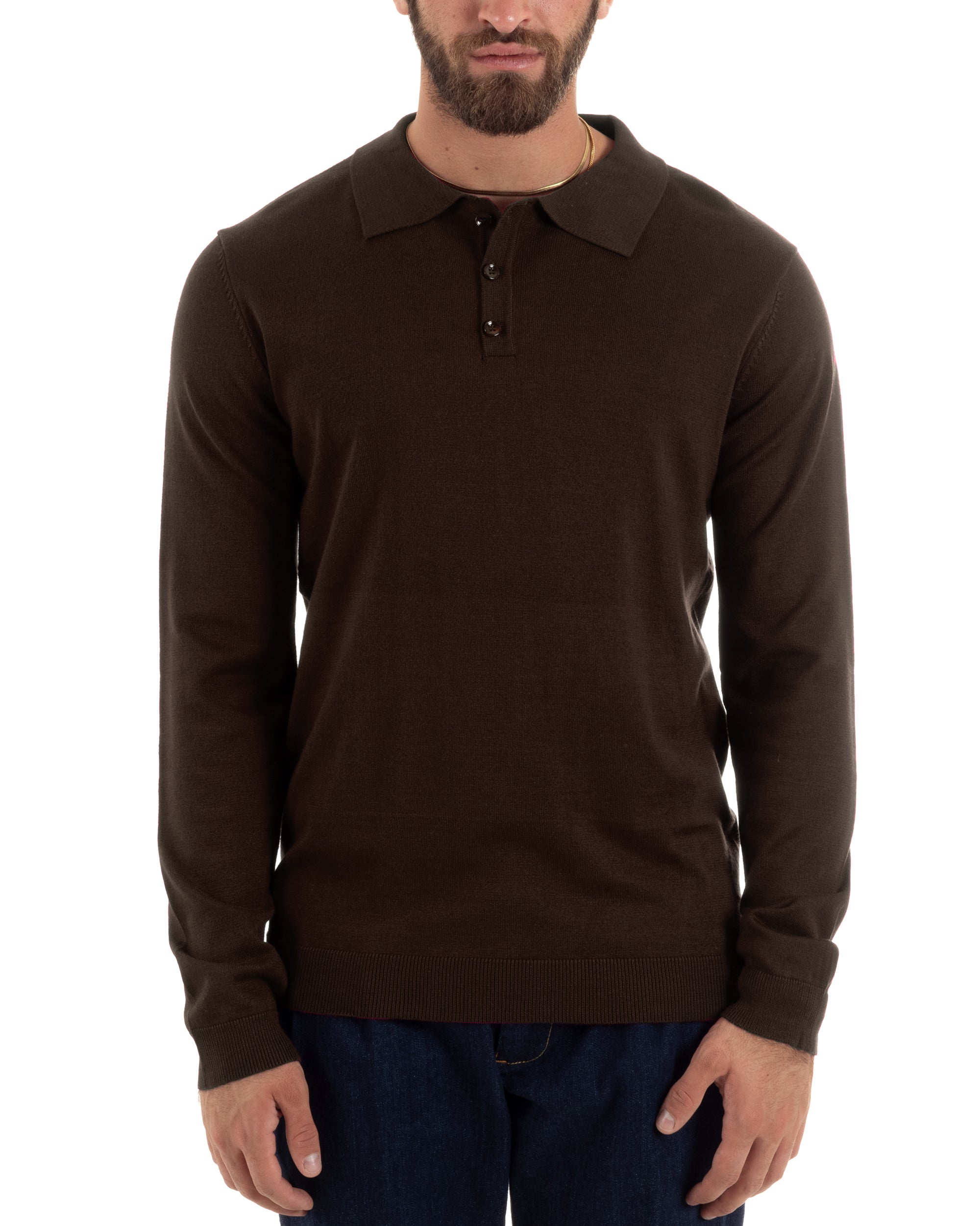 Maglioncino Uomo Casual Maglia Con Colletto Polo Tinta Unita Basic Marrone GIOSAL-M3002A