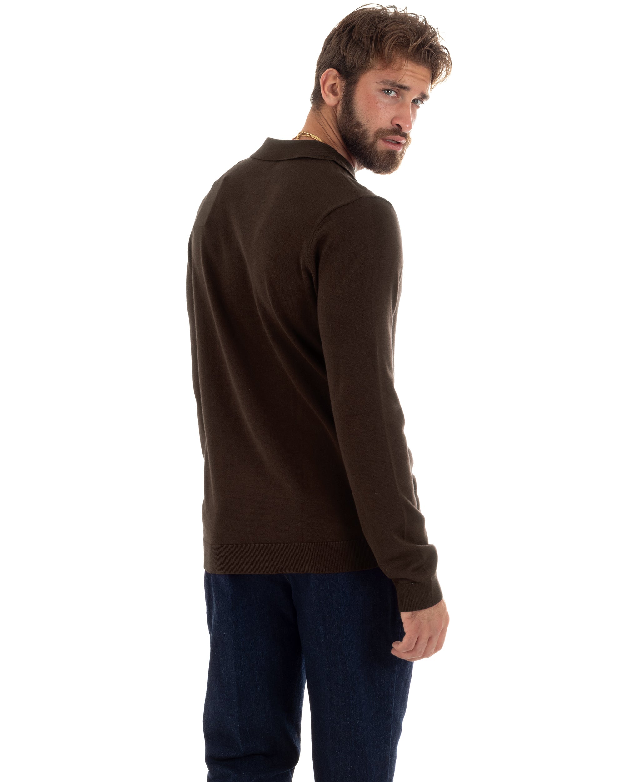 Maglioncino Uomo Casual Maglia Con Colletto Polo Tinta Unita Basic Marrone GIOSAL-M3002A