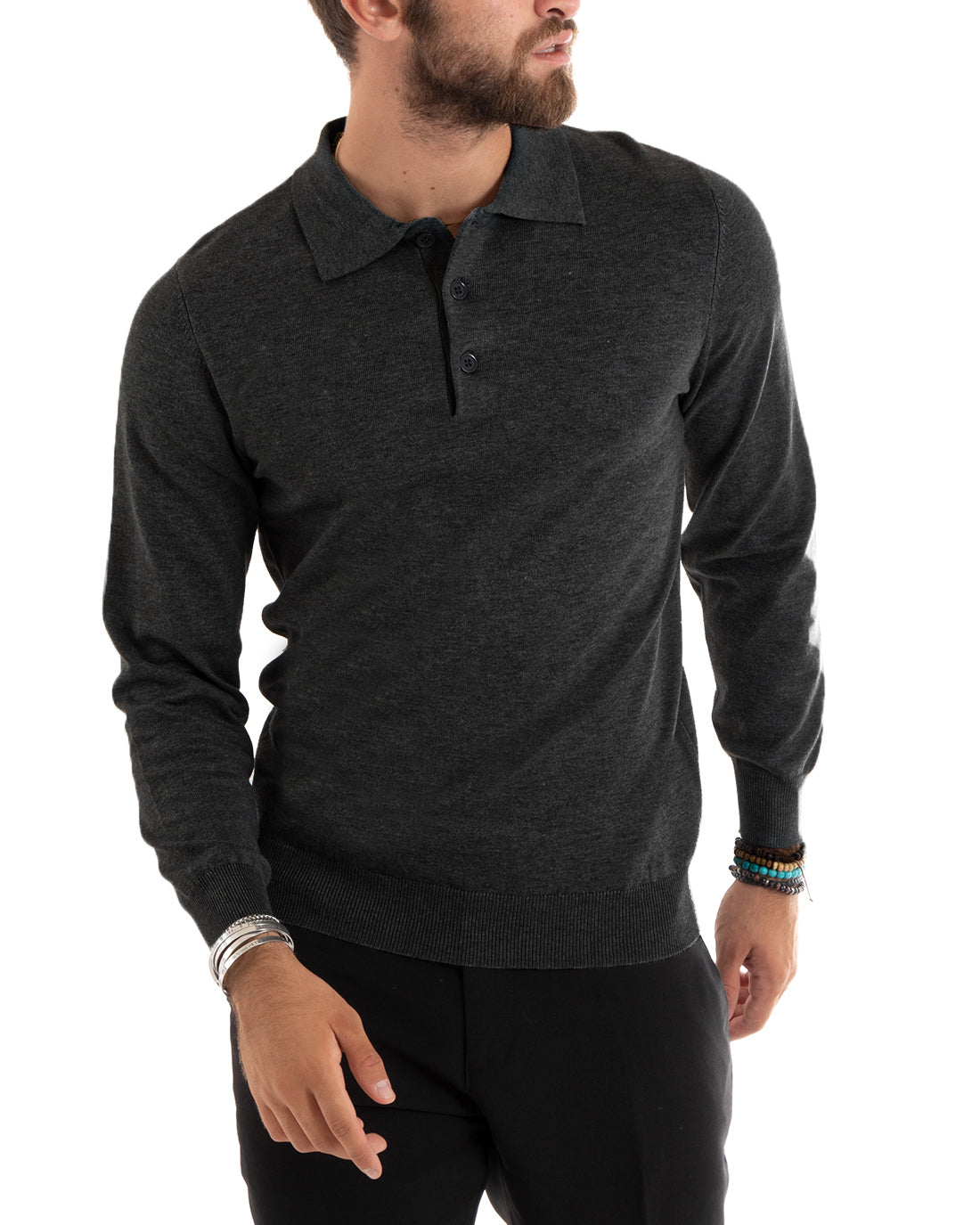 Maglioncino Uomo Casual Maglia Con Colletto Polo Tinta Unita Basic Grigio Scuro GIOSAL-M3003A