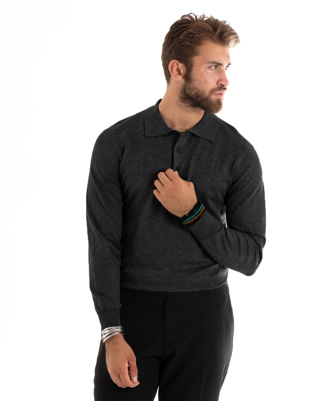 Maglioncino Uomo Casual Maglia Con Colletto Polo Tinta Unita Basic Grigio Scuro GIOSAL-M3003A