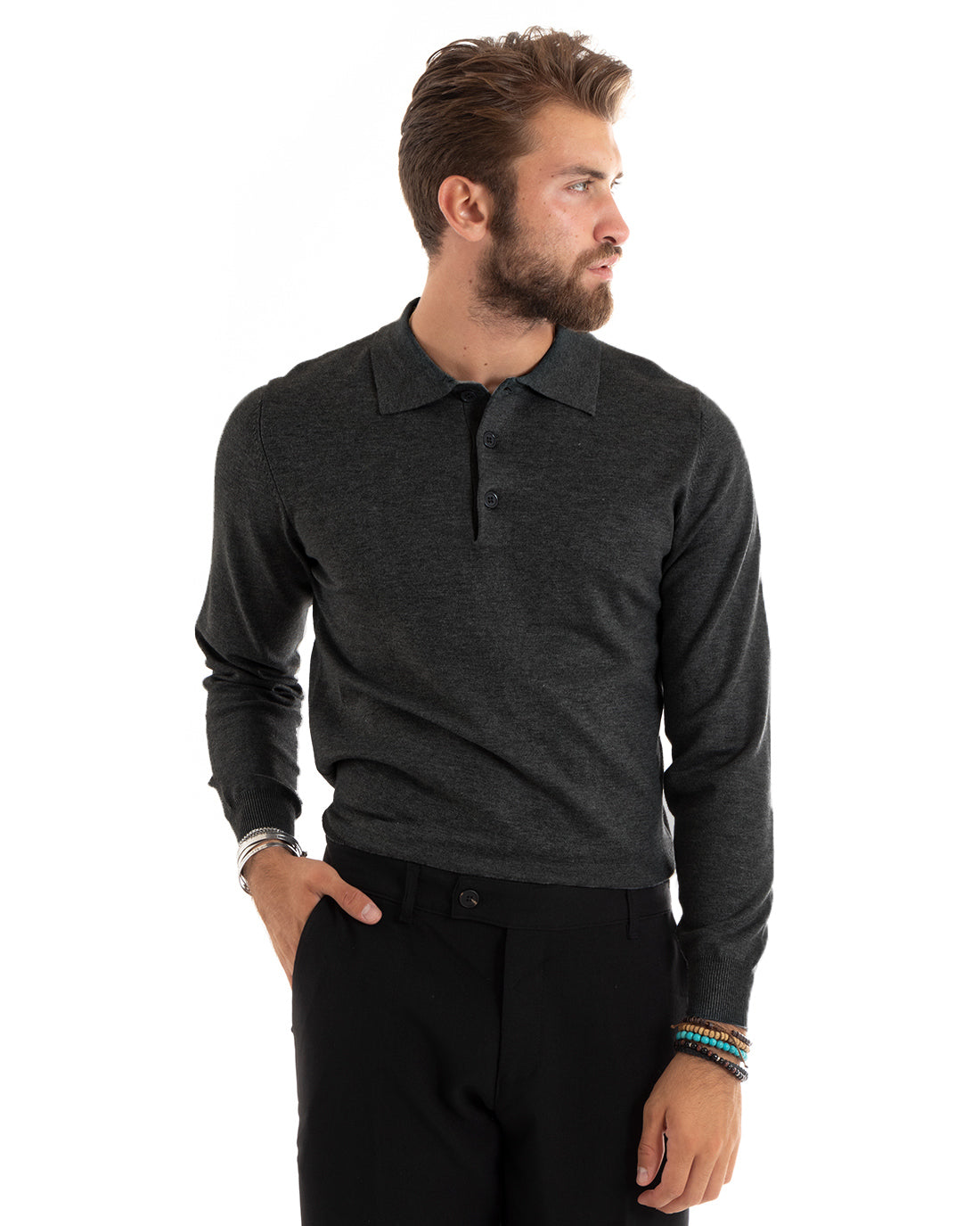 Maglioncino Uomo Casual Maglia Con Colletto Polo Tinta Unita Basic Grigio Scuro GIOSAL-M3003A