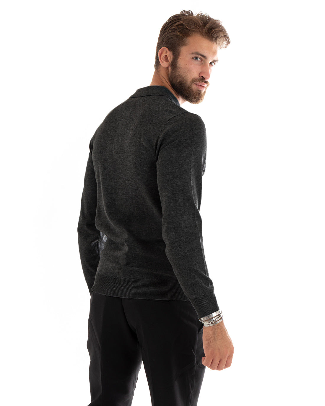 Maglioncino Uomo Casual Maglia Con Colletto Polo Tinta Unita Basic Grigio Scuro GIOSAL-M3003A