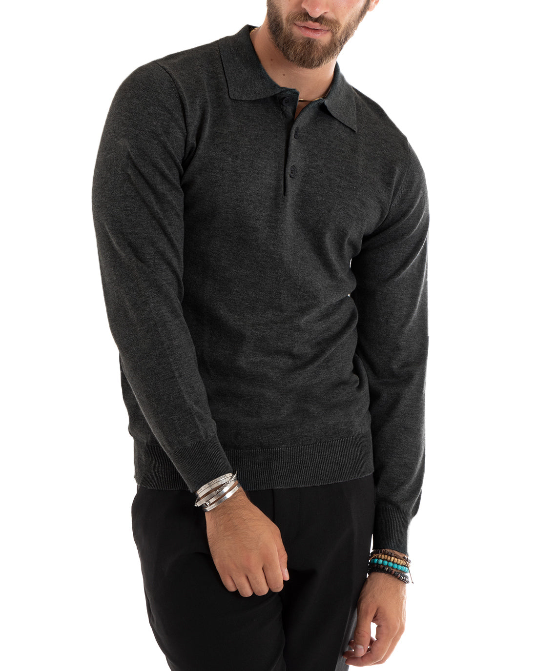 Maglioncino Uomo Casual Maglia Con Colletto Polo Tinta Unita Basic Grigio Scuro GIOSAL-M3003A