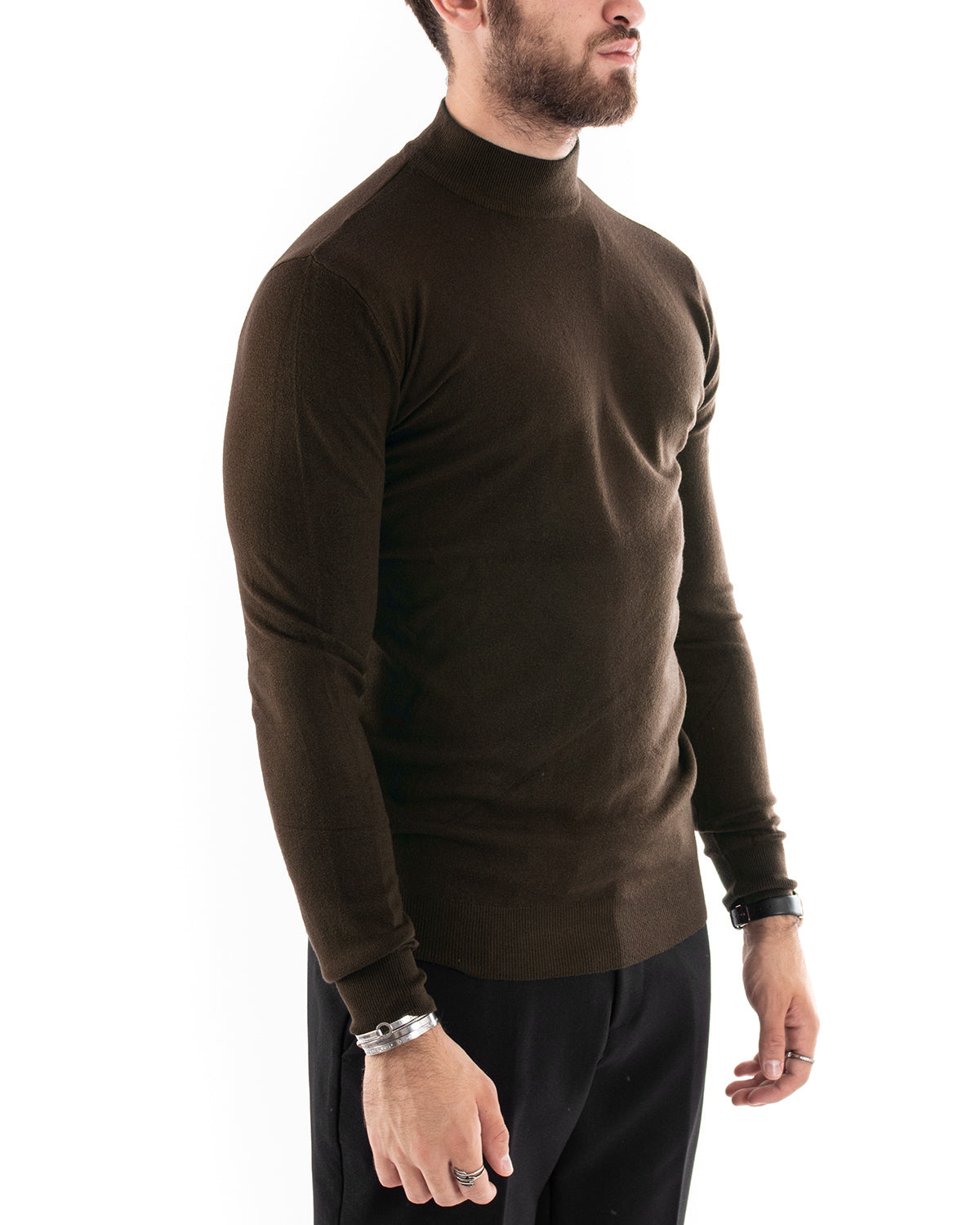 Maglioncino Uomo Maglia Mezzo Collo Maniche Lunghe Sottogiacca Rasato Caldo Elastico Tinta Unita Marrone GIOSAL-M3005A
