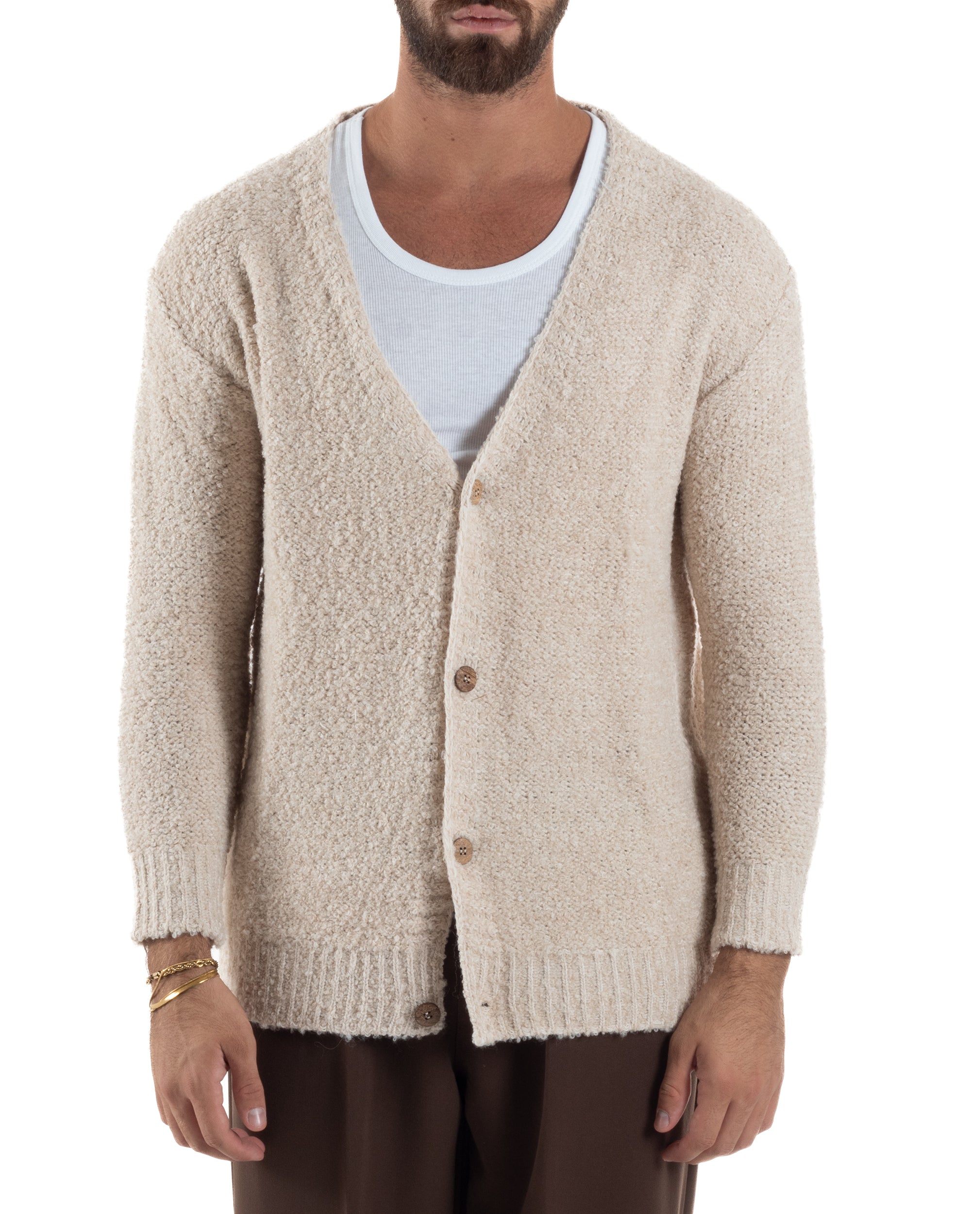 Cardigan Uomo Teddy Maglia Bouclè Con Bottoni Scollo a V Beige M3007A