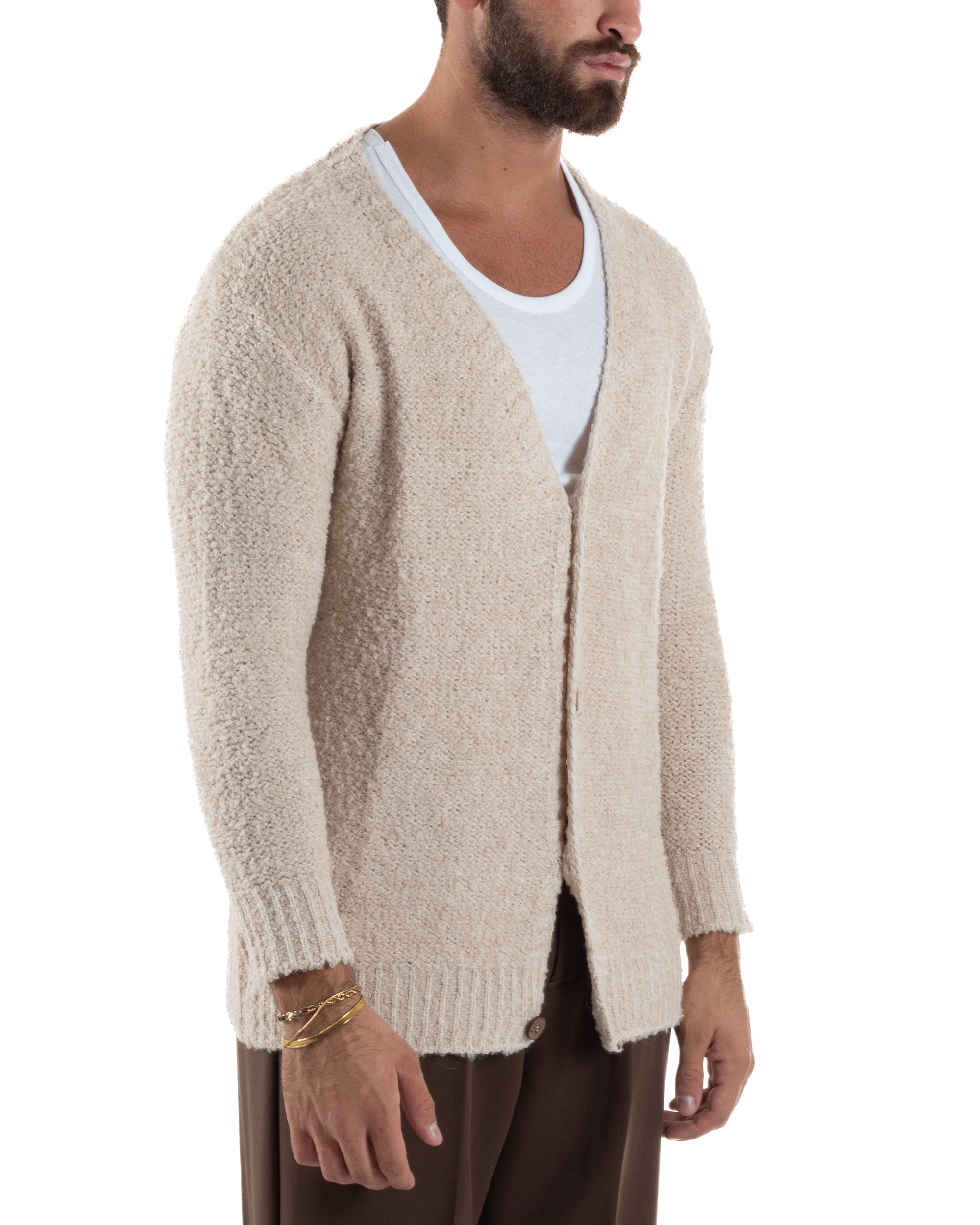 Cardigan Uomo Teddy Maglia Bouclè Con Bottoni Scollo a V Beige M3007A