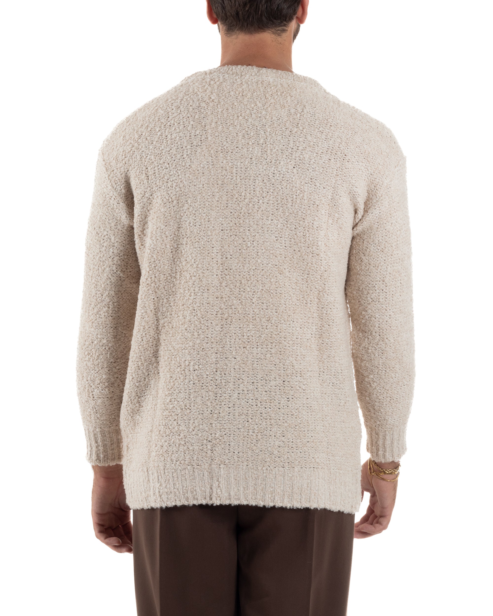 Cardigan Uomo Teddy Maglia Bouclè Con Bottoni Scollo a V Beige M3007A