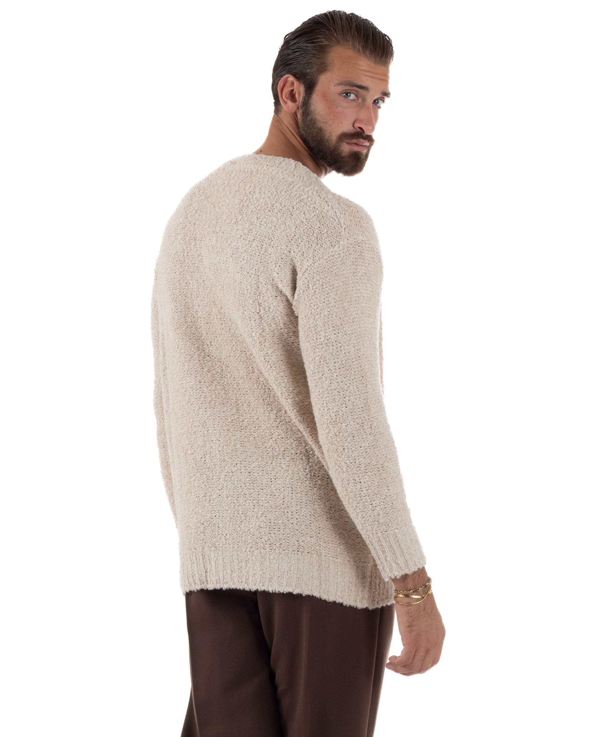Cardigan Uomo Teddy Maglia Bouclè Con Bottoni Scollo a V Beige M3007A