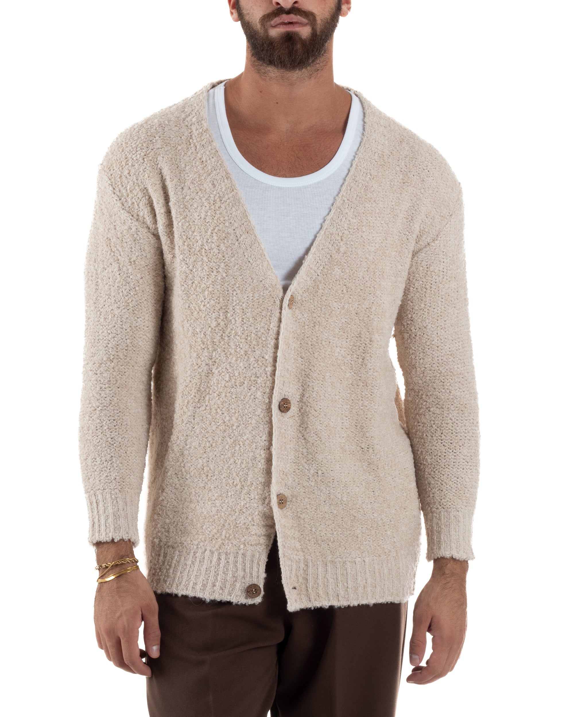 Cardigan Uomo Teddy Maglia Bouclè Con Bottoni Scollo a V Beige M3007A