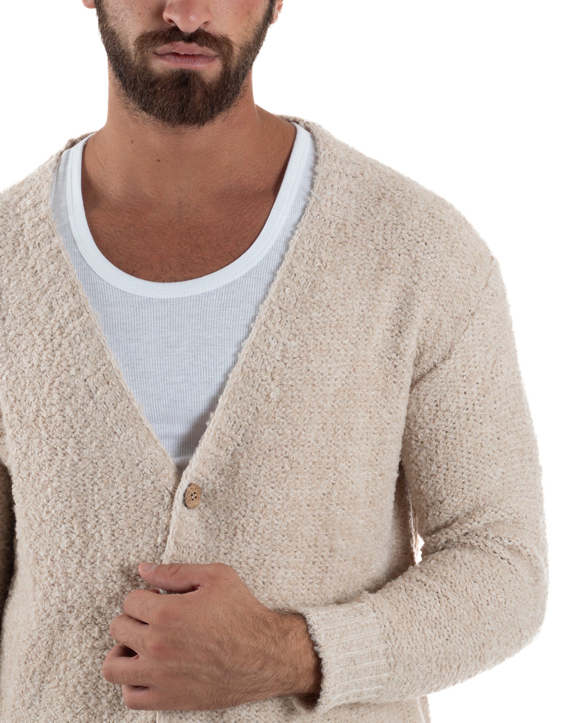 Cardigan Uomo Teddy Maglia Bouclè Con Bottoni Scollo a V Beige M3007A