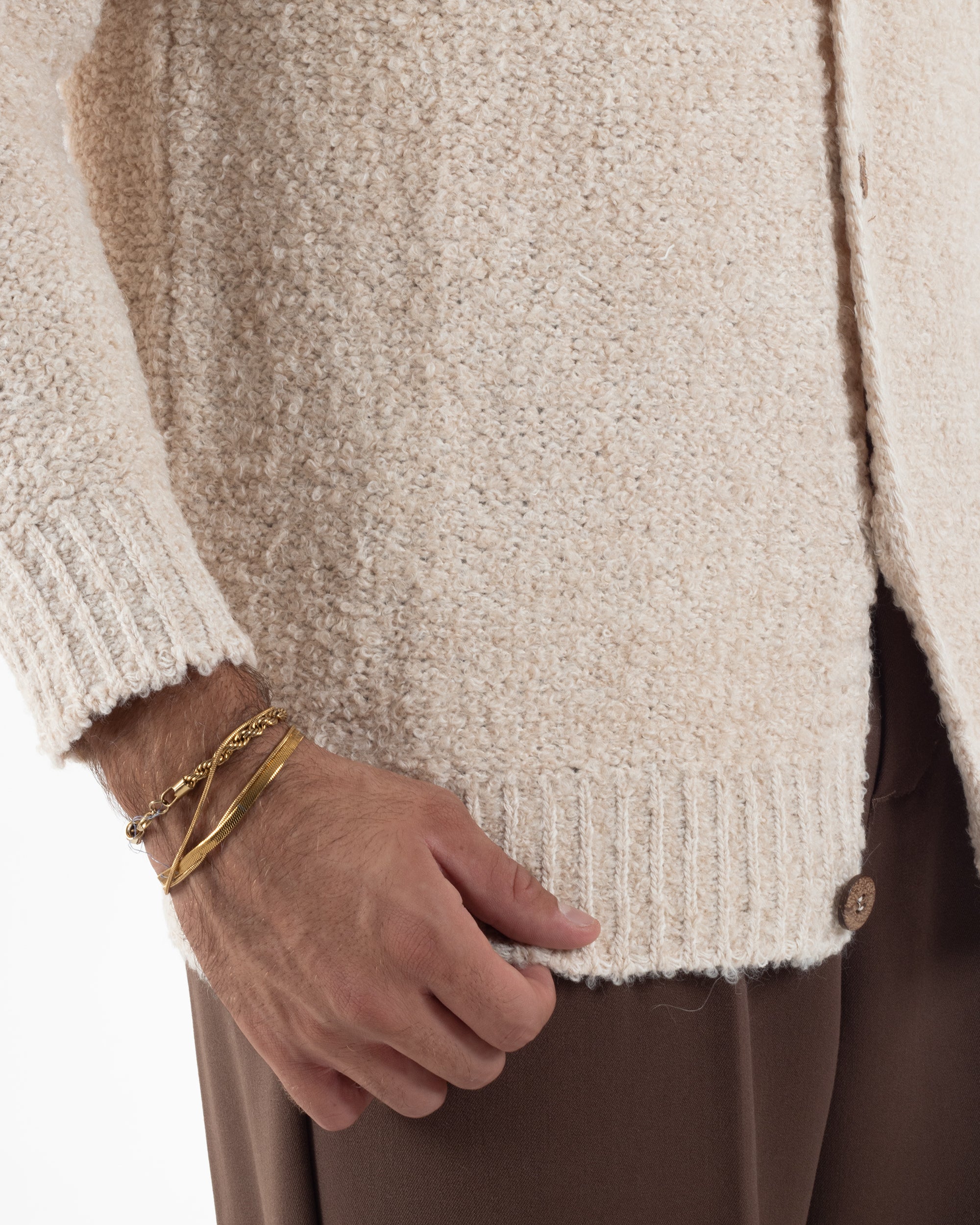 Cardigan Uomo Teddy Maglia Bouclè Con Bottoni Scollo a V Beige M3007A