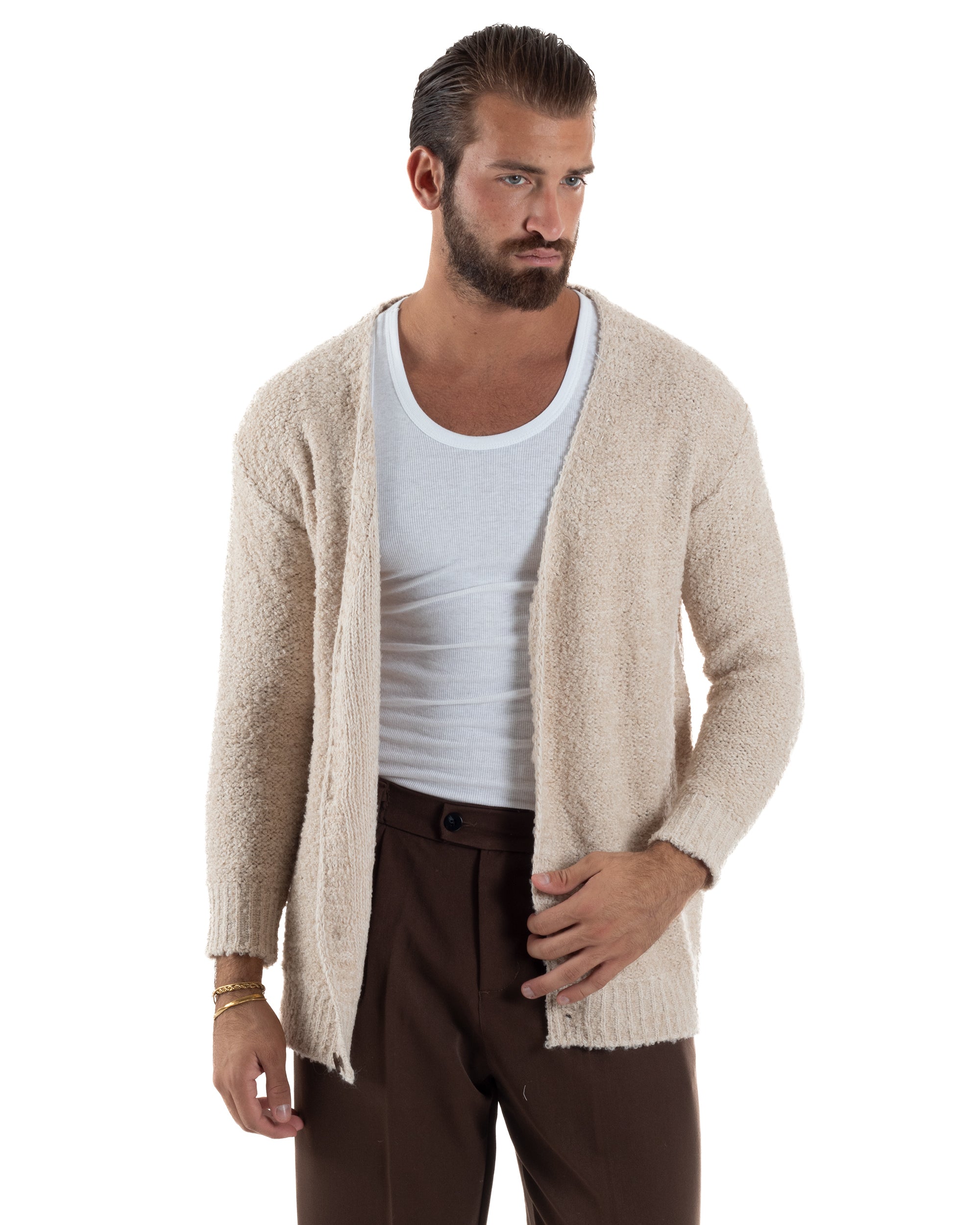 Cardigan Uomo Teddy Maglia Bouclè Con Bottoni Scollo a V Beige M3007A