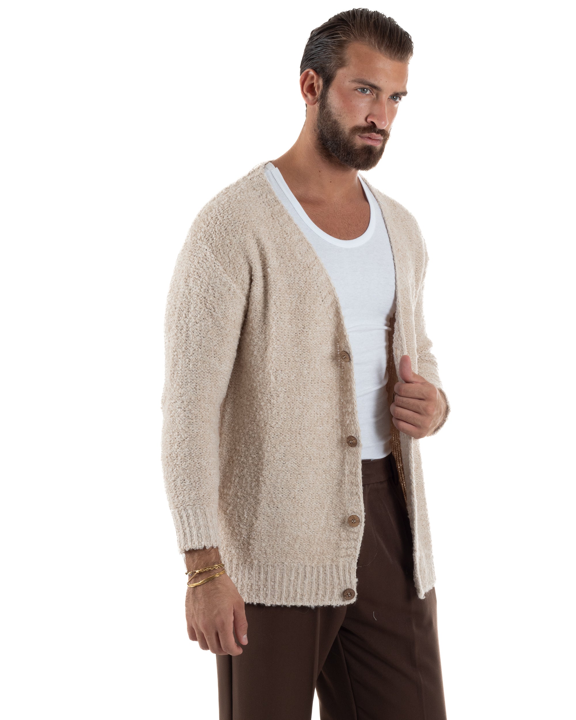 Cardigan Uomo Teddy Maglia Bouclè Con Bottoni Scollo a V Beige M3007A