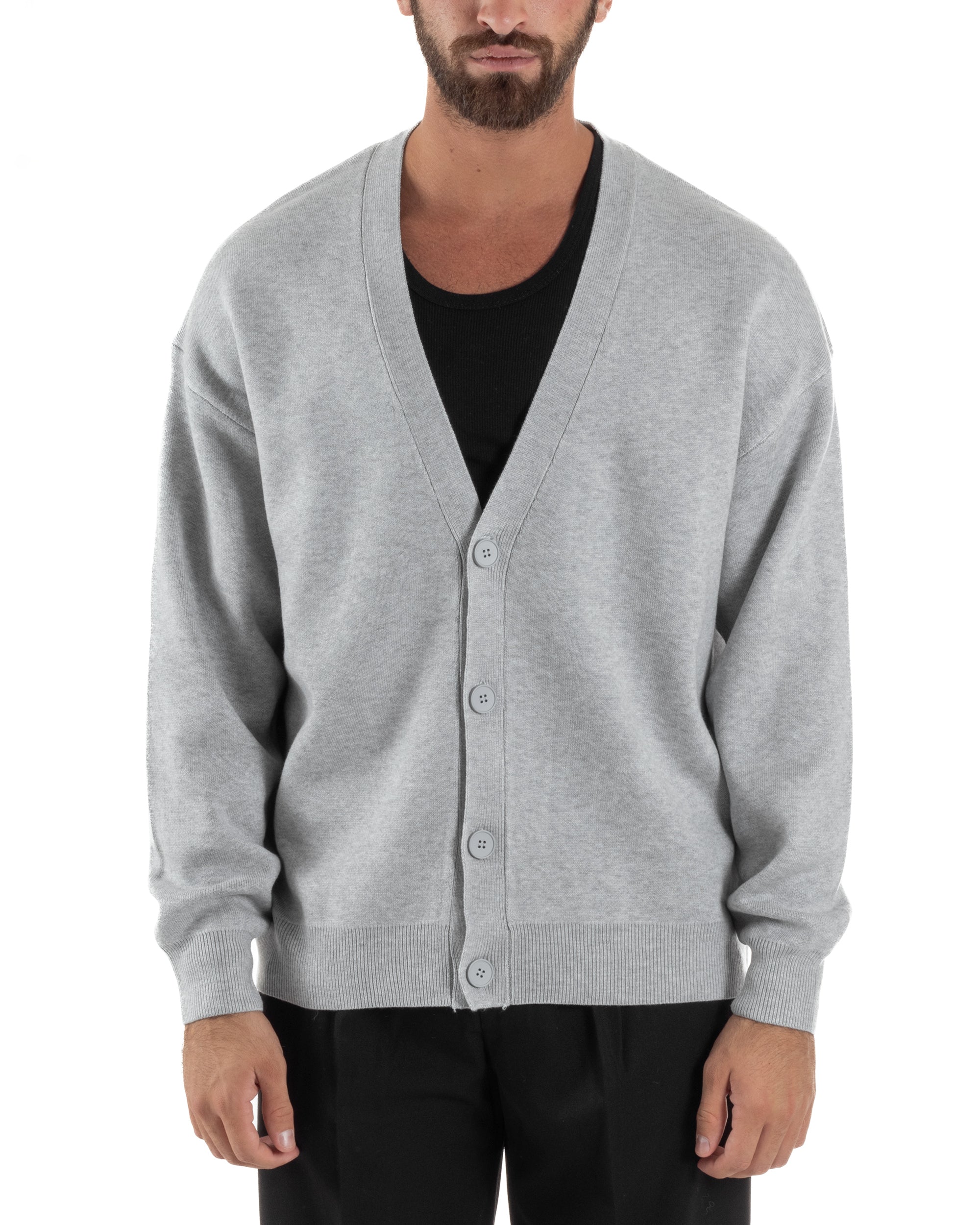 Cardigan Uomo Boxy Fit Cropped Maglia Lana Grigio M3009A