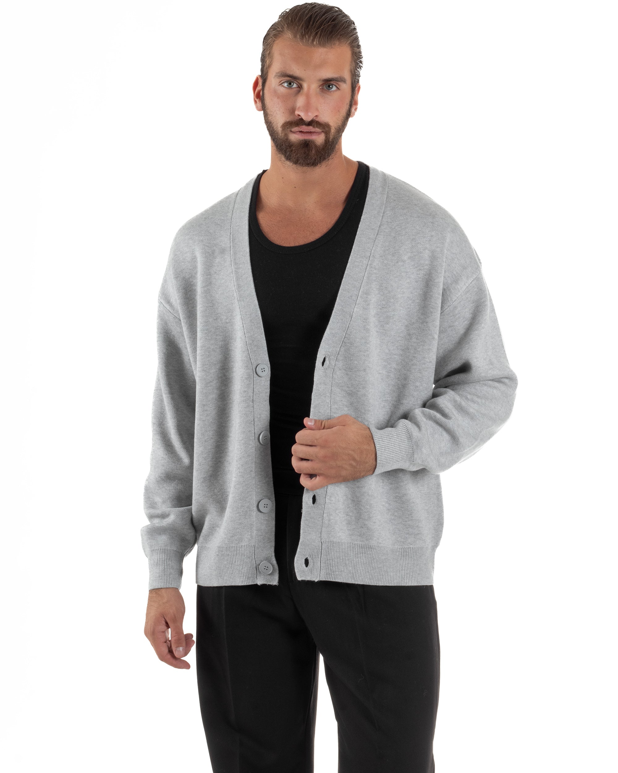 Cardigan Uomo Boxy Fit Cropped Maglia Lana Grigio M3009A