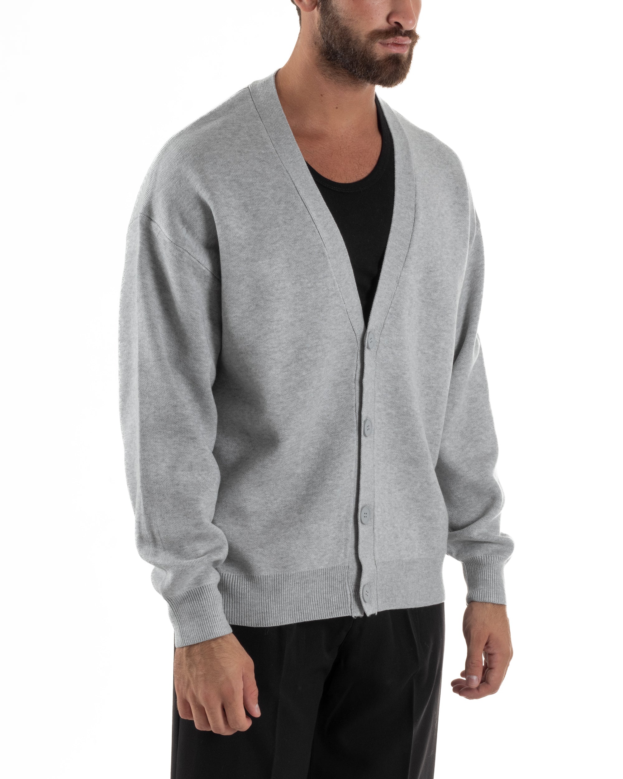 Cardigan Uomo Boxy Fit Cropped Maglia Lana Grigio M3009A