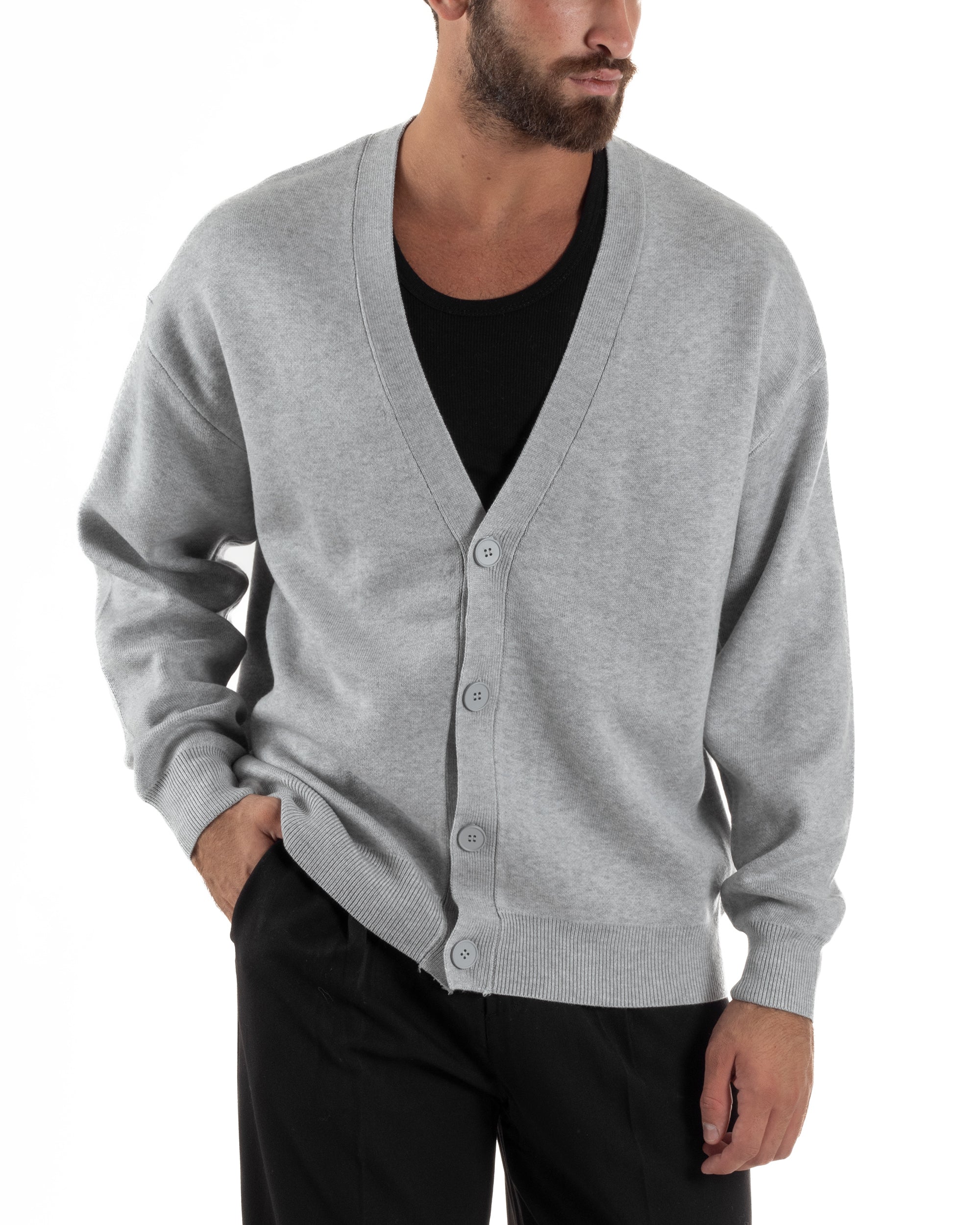 Cardigan Uomo Boxy Fit Cropped Maglia Lana Grigio M3009A