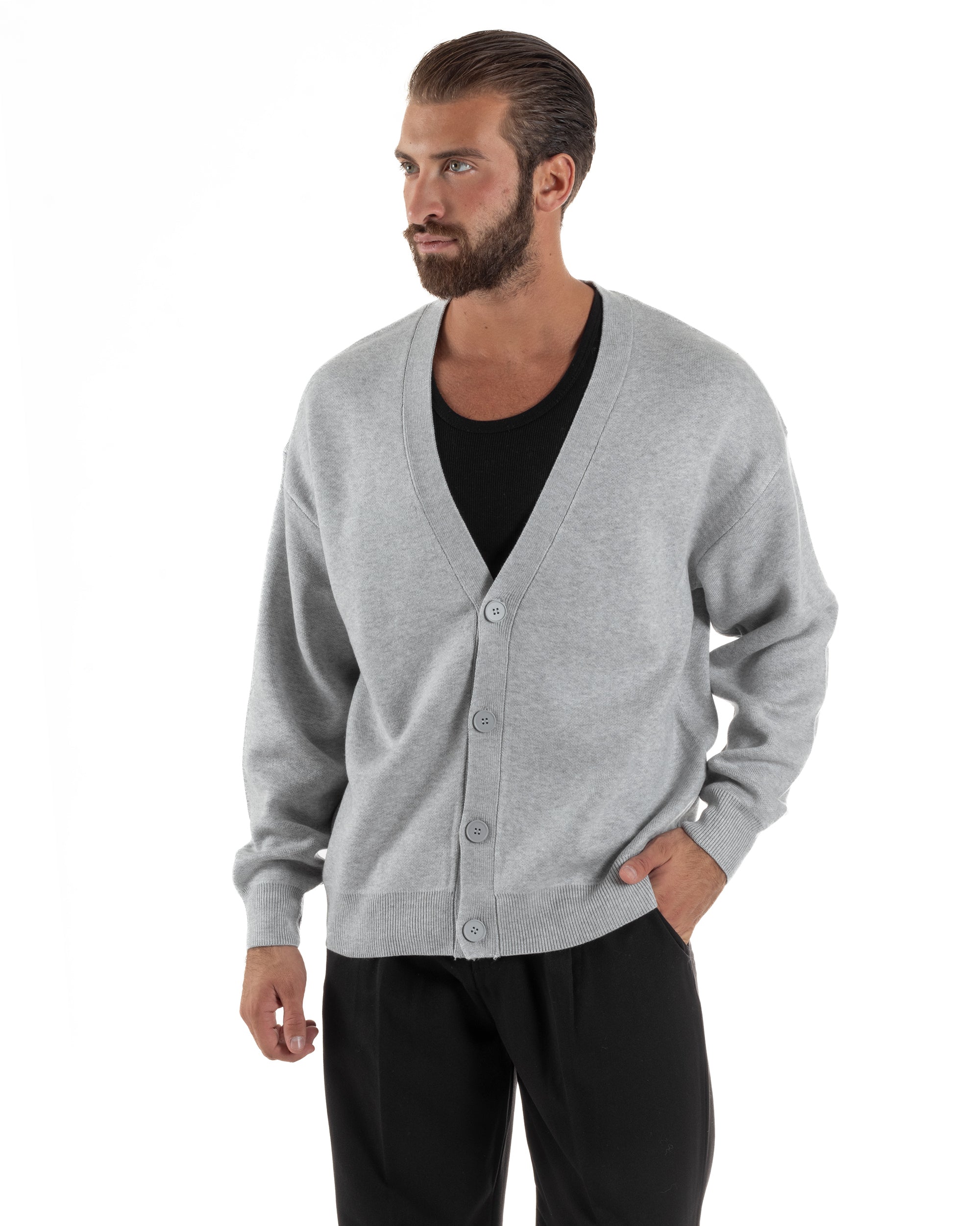 Cardigan Uomo Boxy Fit Cropped Maglia Lana Grigio M3009A