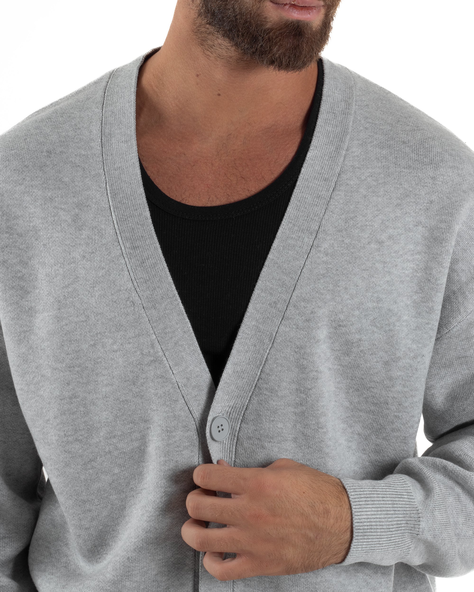 Cardigan Uomo Boxy Fit Cropped Maglia Lana Grigio M3009A