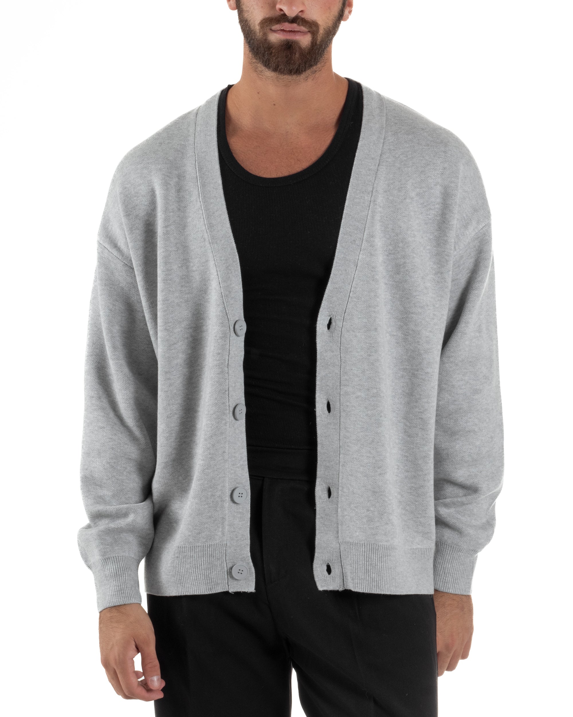 Cardigan Uomo Boxy Fit Cropped Maglia Lana Grigio M3009A