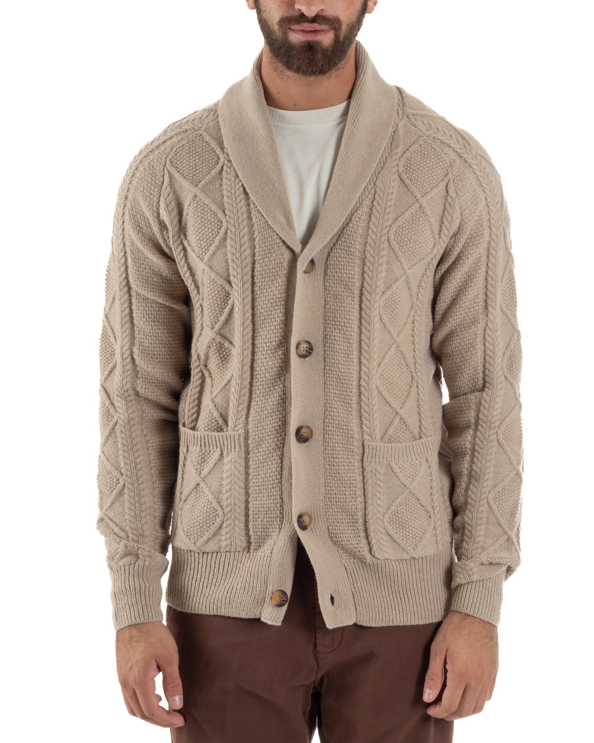Cardigan Uomo Maglia Collo Sciallato Trecce Beige M3011A