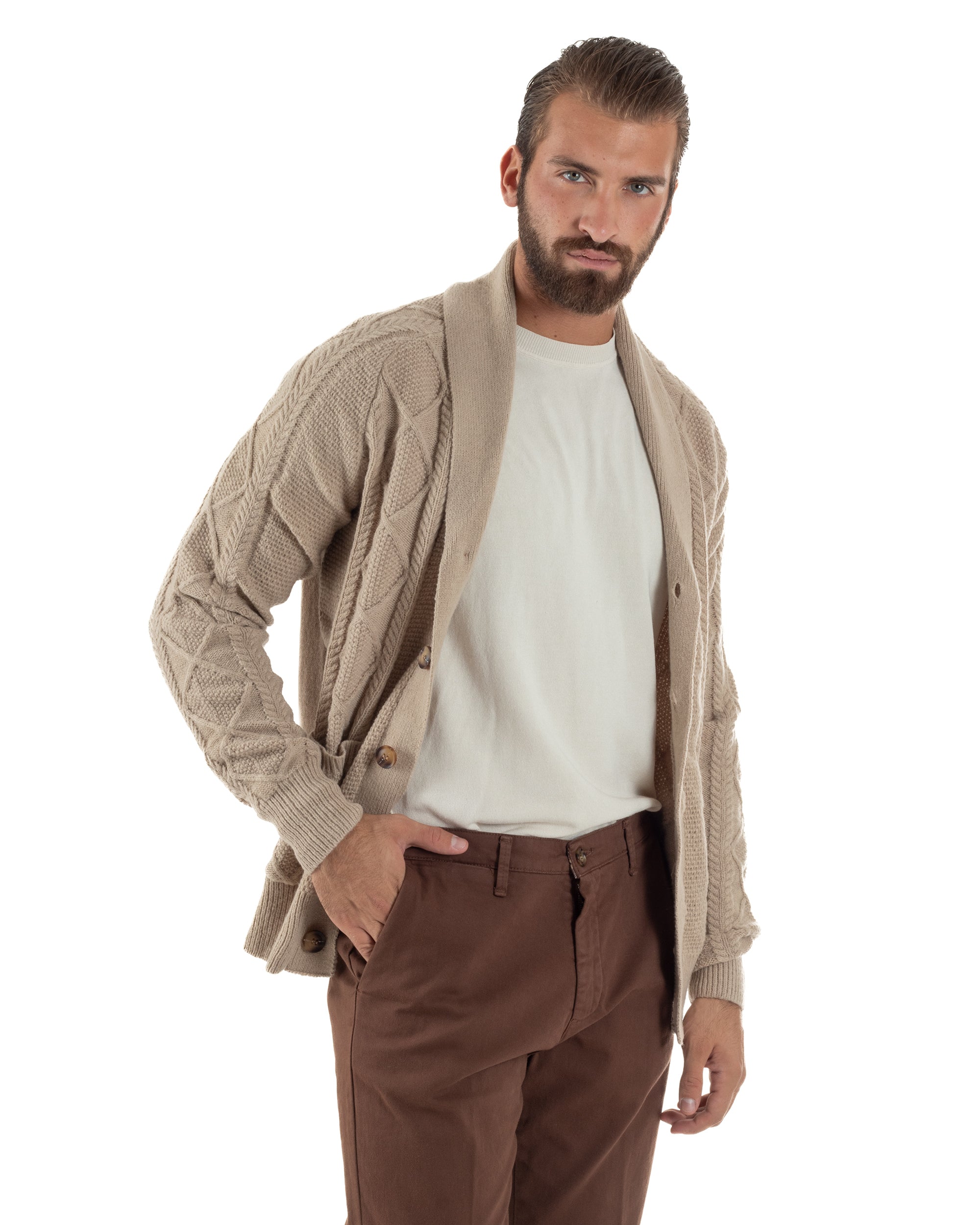 Cardigan Uomo Maglia Collo Sciallato Trecce Beige M3011A