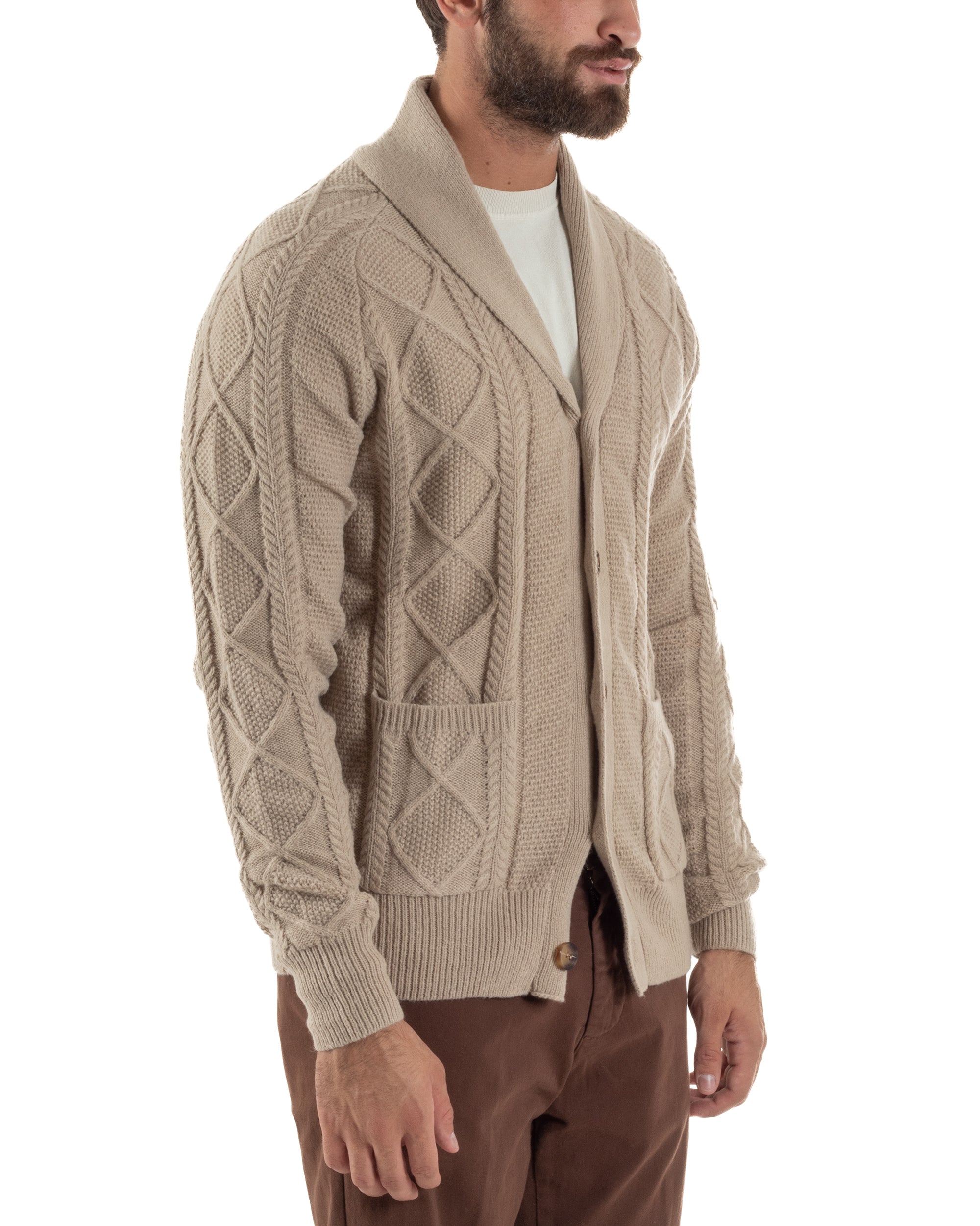Cardigan Uomo Maglia Collo Sciallato Trecce Beige M3011A