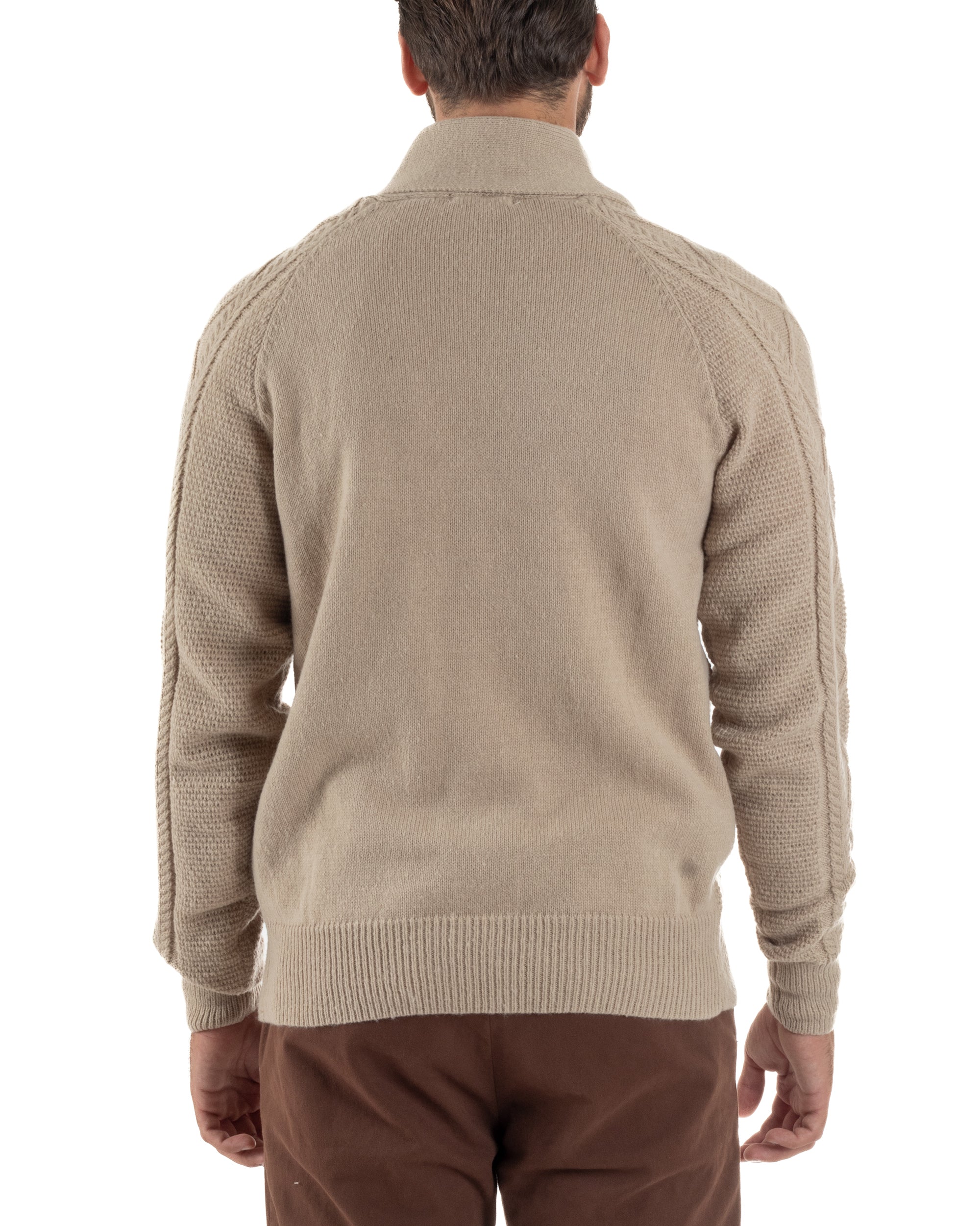 Cardigan Uomo Maglia Collo Sciallato Trecce Beige M3011A
