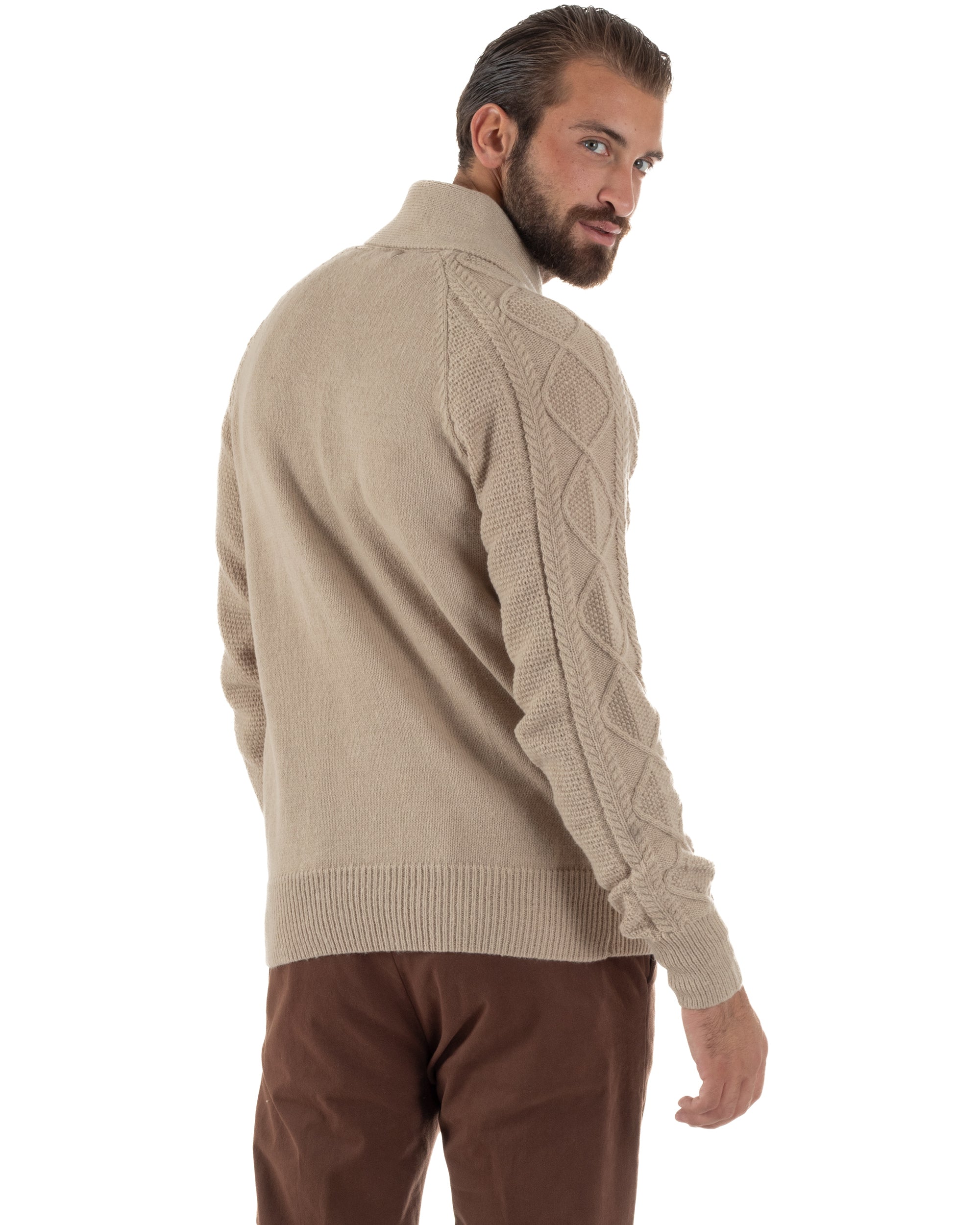 Cardigan Uomo Maglia Collo Sciallato Trecce Beige M3011A