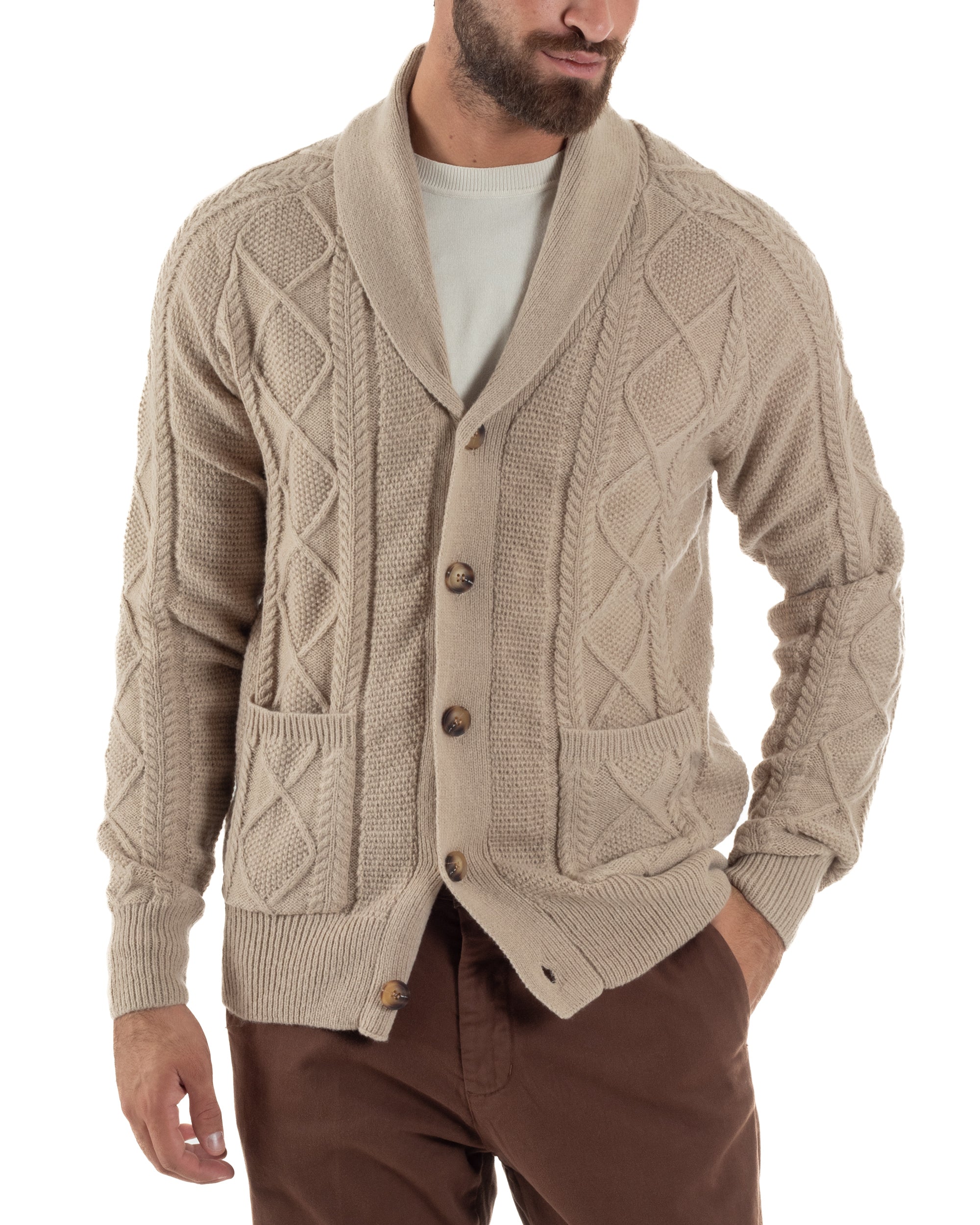 Cardigan Uomo Maglia Collo Sciallato Trecce Beige M3011A