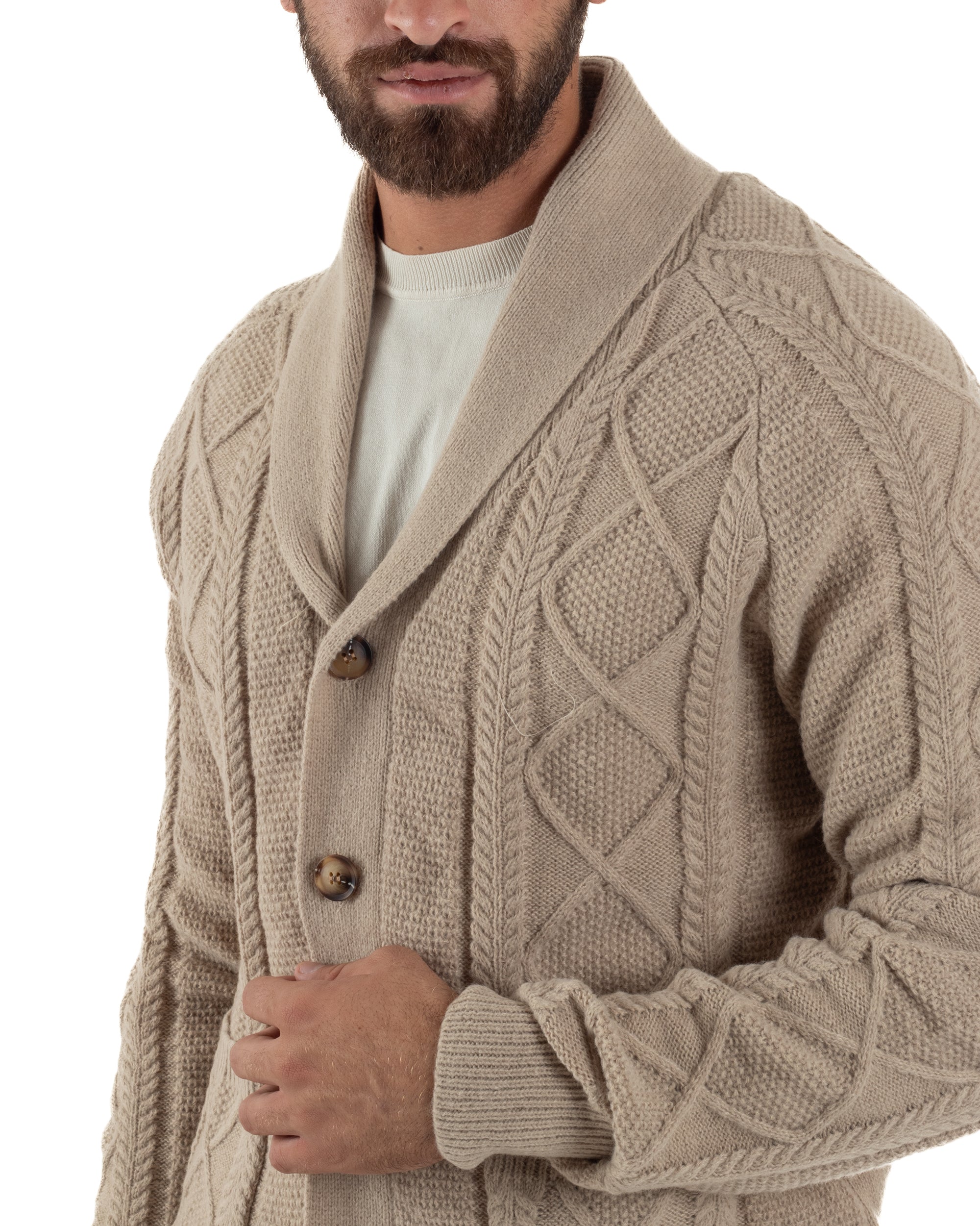 Cardigan Uomo Maglia Collo Sciallato Trecce Beige M3011A