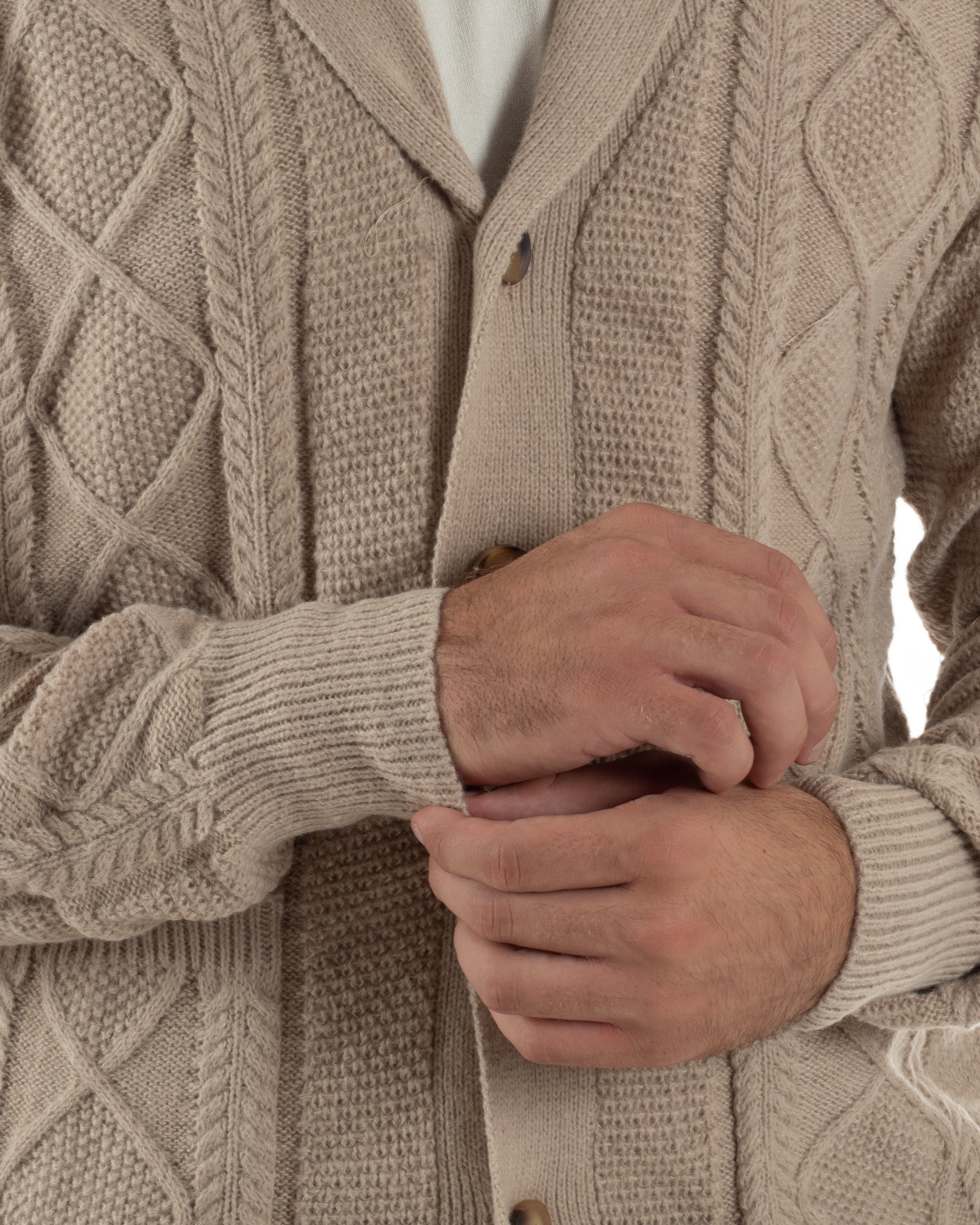 Cardigan Uomo Maglia Collo Sciallato Trecce Beige M3011A