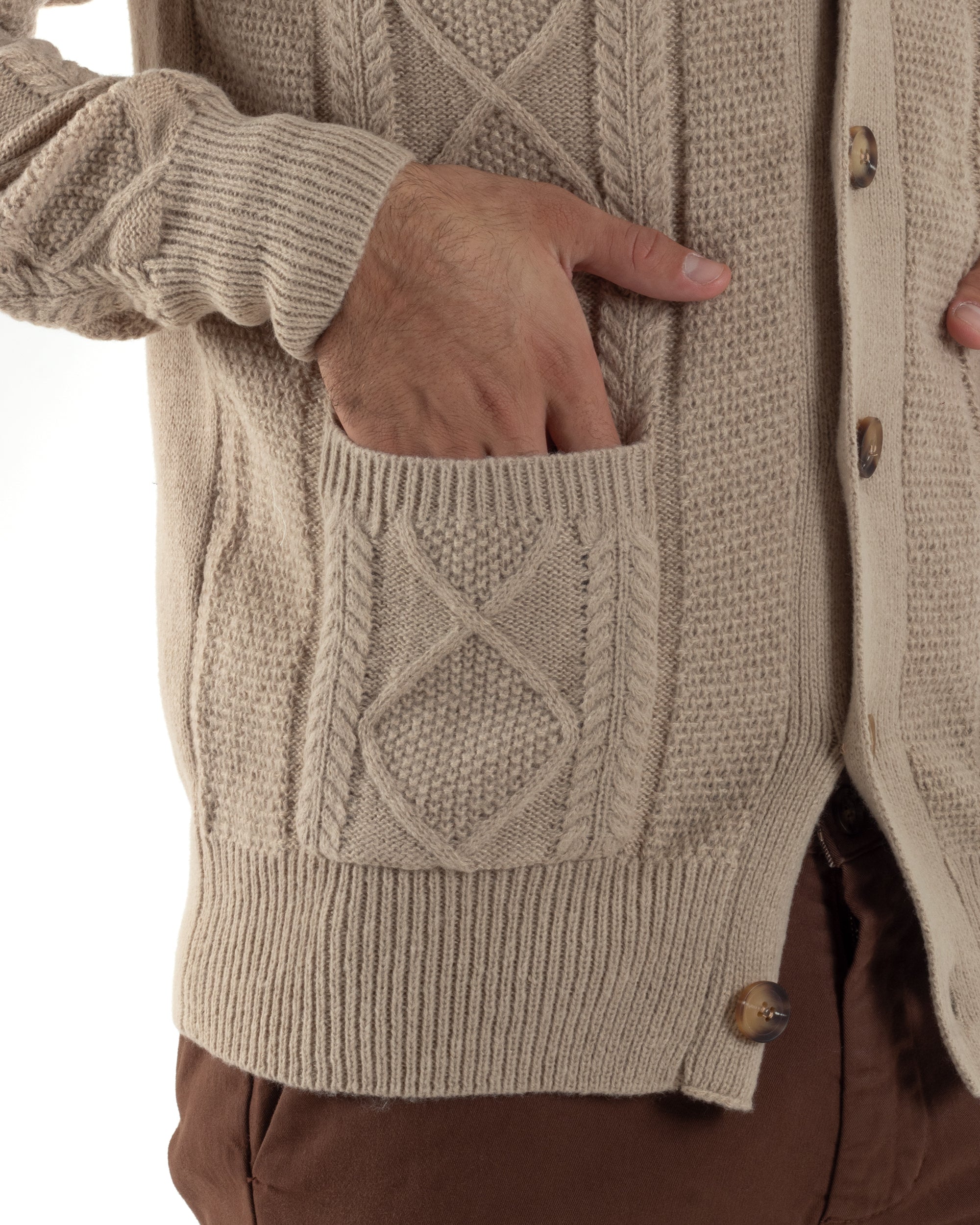 Cardigan Uomo Maglia Collo Sciallato Trecce Beige M3011A