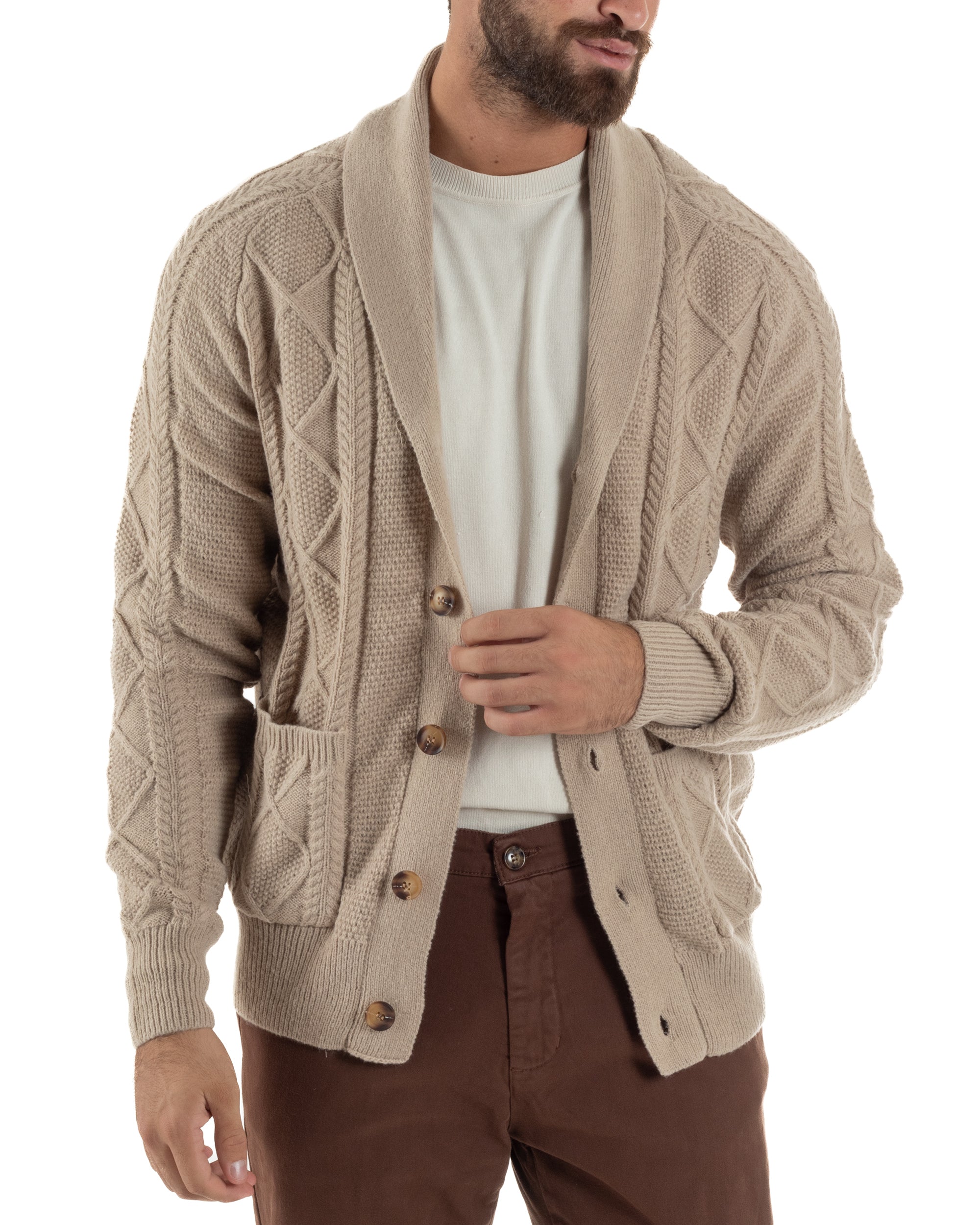Cardigan Uomo Maglia Collo Sciallato Trecce Beige M3011A