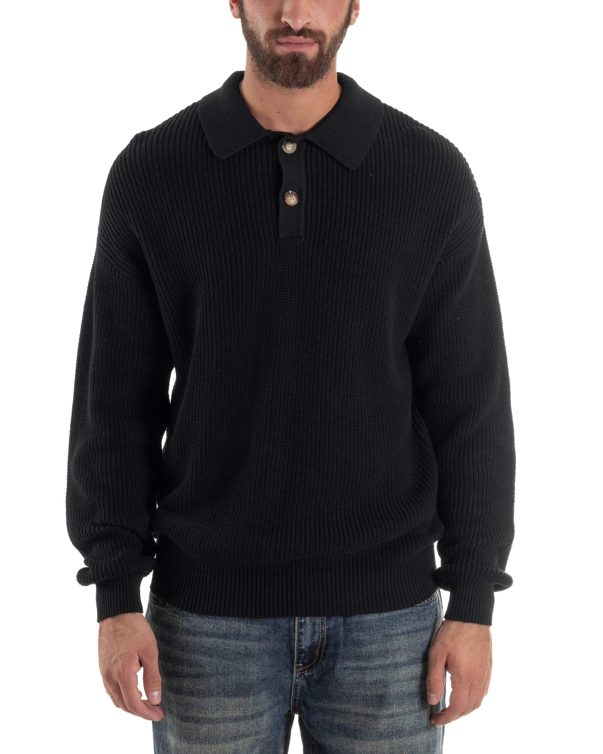 Maglia Uomo Polo Maglioncino Con Colletto Nero M3012A
