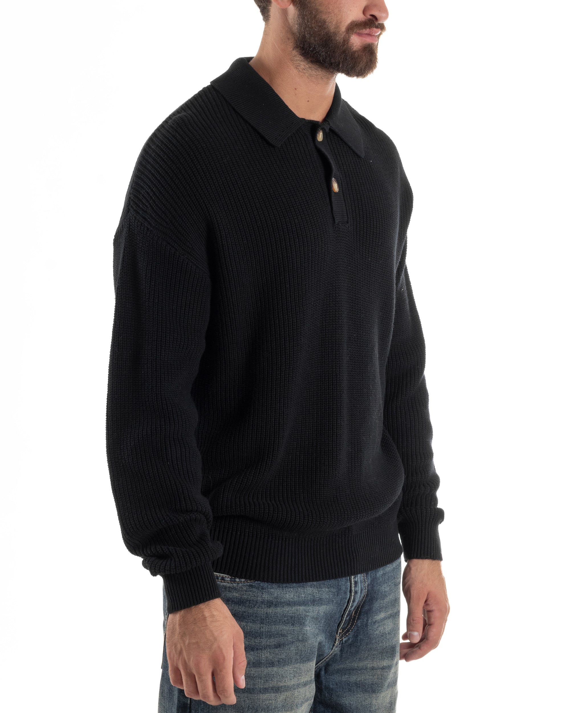 Maglia Uomo Polo Maglioncino Con Colletto Nero M3012A