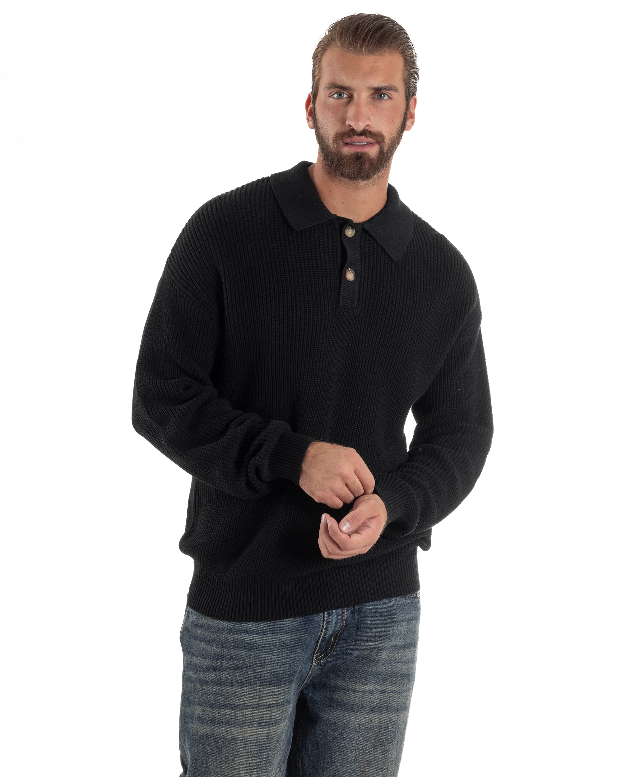 Maglia Uomo Polo Maglioncino Con Colletto Nero M3012A
